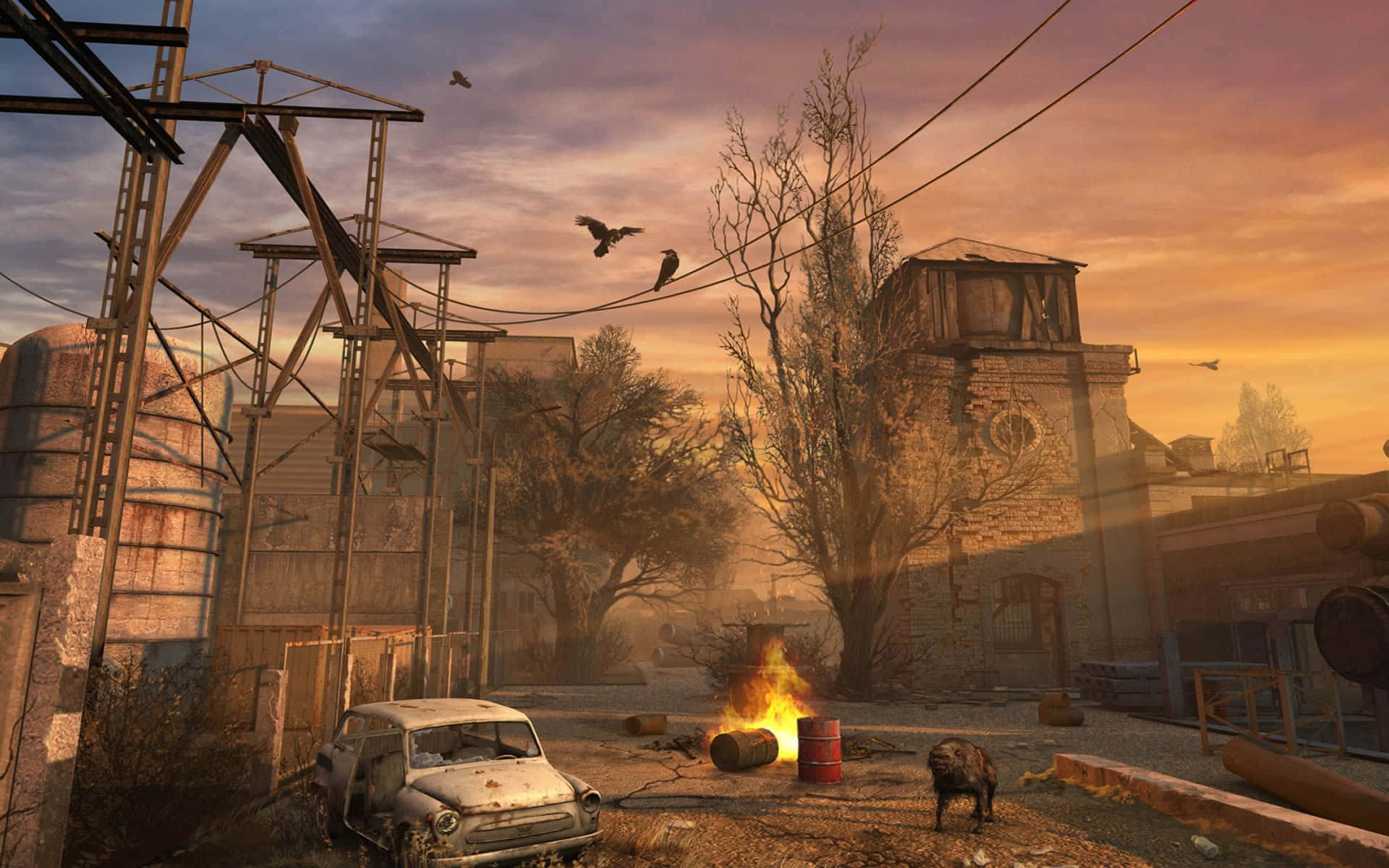 Desolate Town Chaos, abandoned industrial zone, sunset, Full HD Desktop Wallpaper