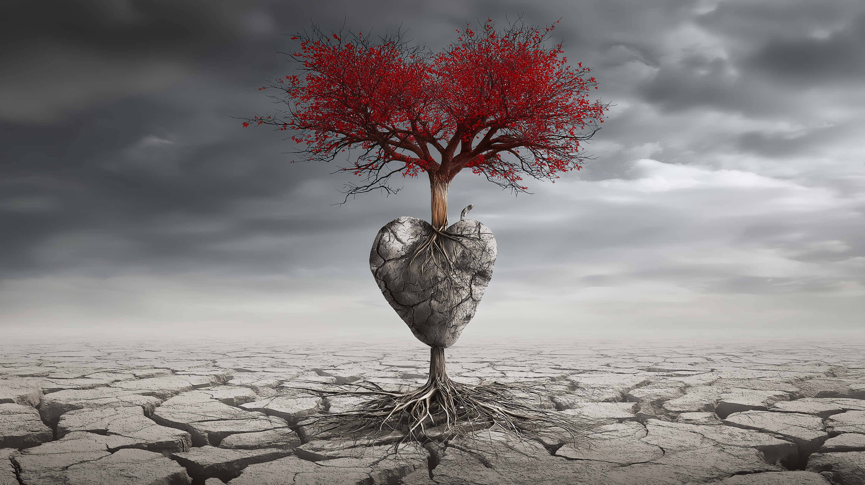 tree, heart made of stone, cracked heart-shaped root, 2K Desktop Wallpaper