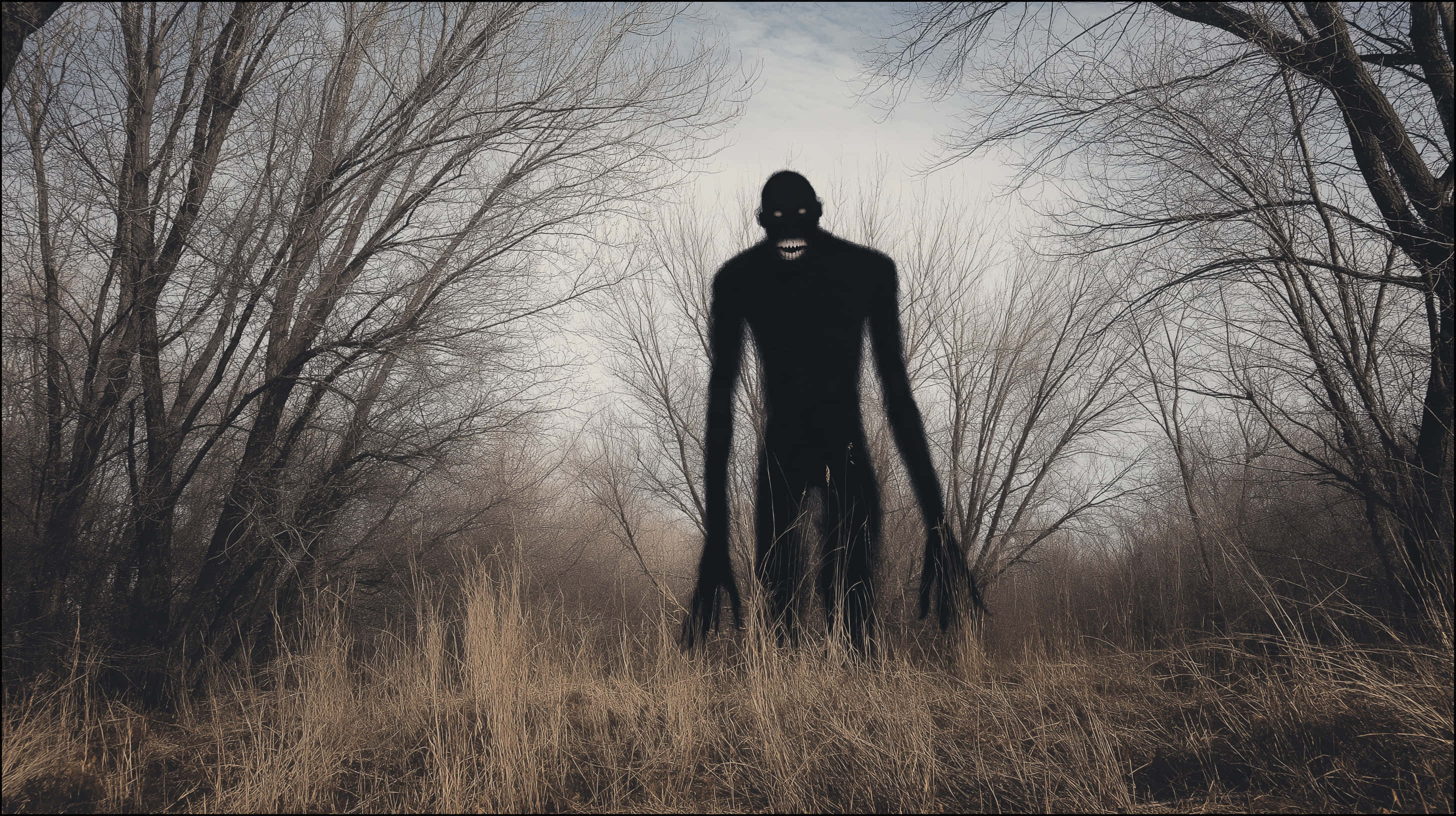 shadow figure, desolate woods, misty field of dry grass, 2K Desktop Wallpaper
