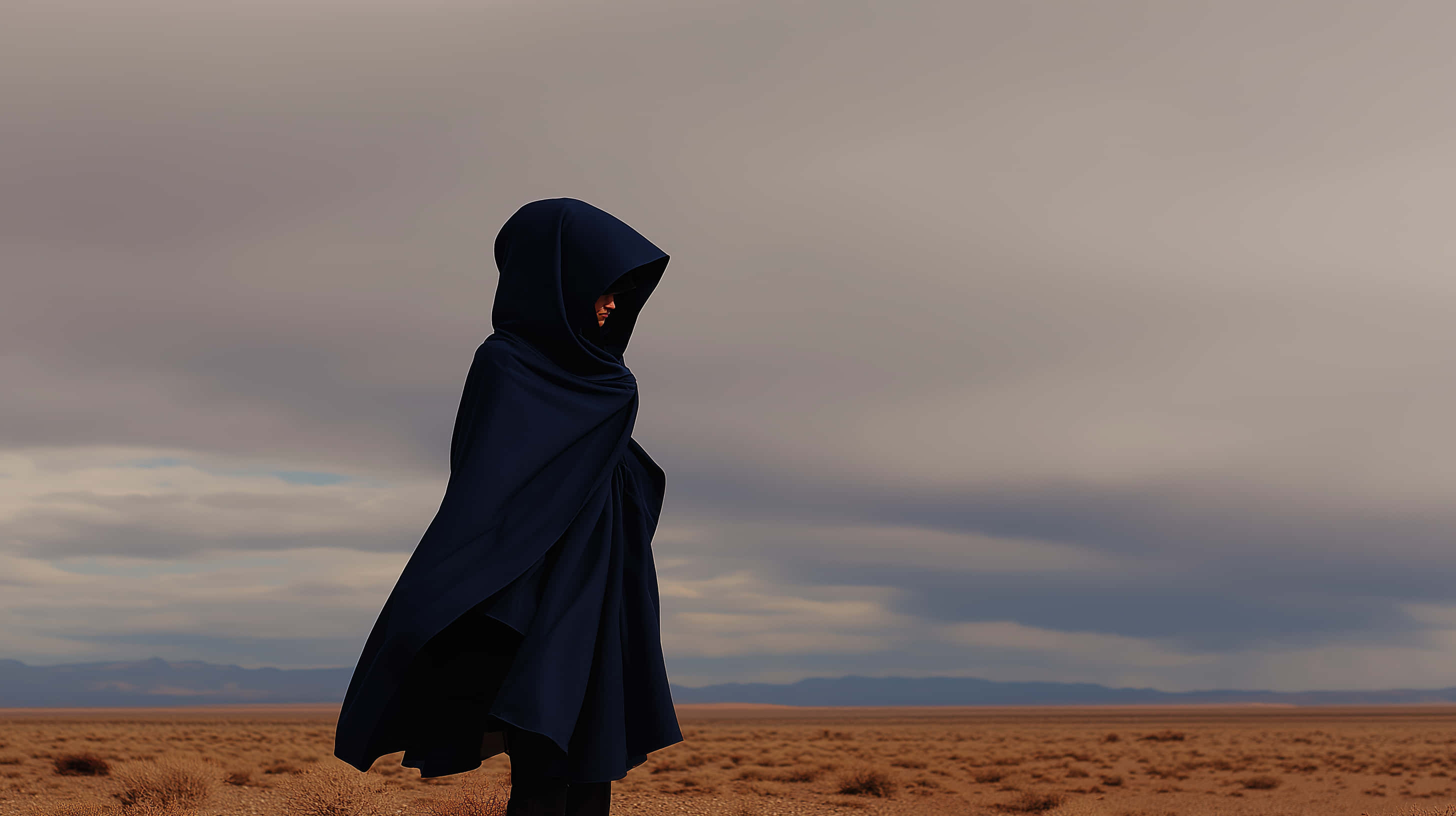 barren sentinel, dark blue hooded cloak, vast barren desert, 2K Desktop Wallpaper