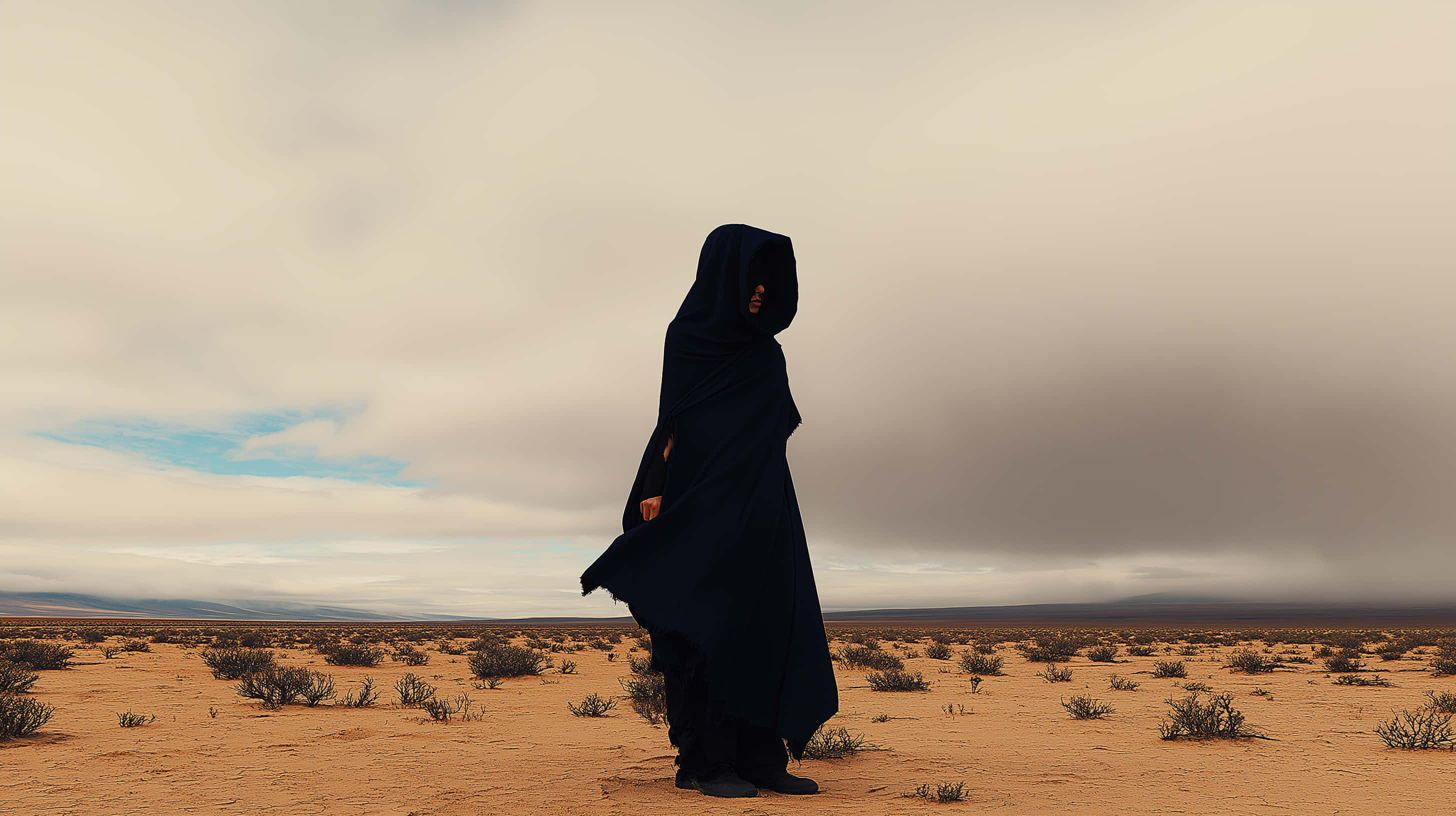 barren sentinel, dark hooded robe, vast arid desert, 2K Desktop Wallpaper