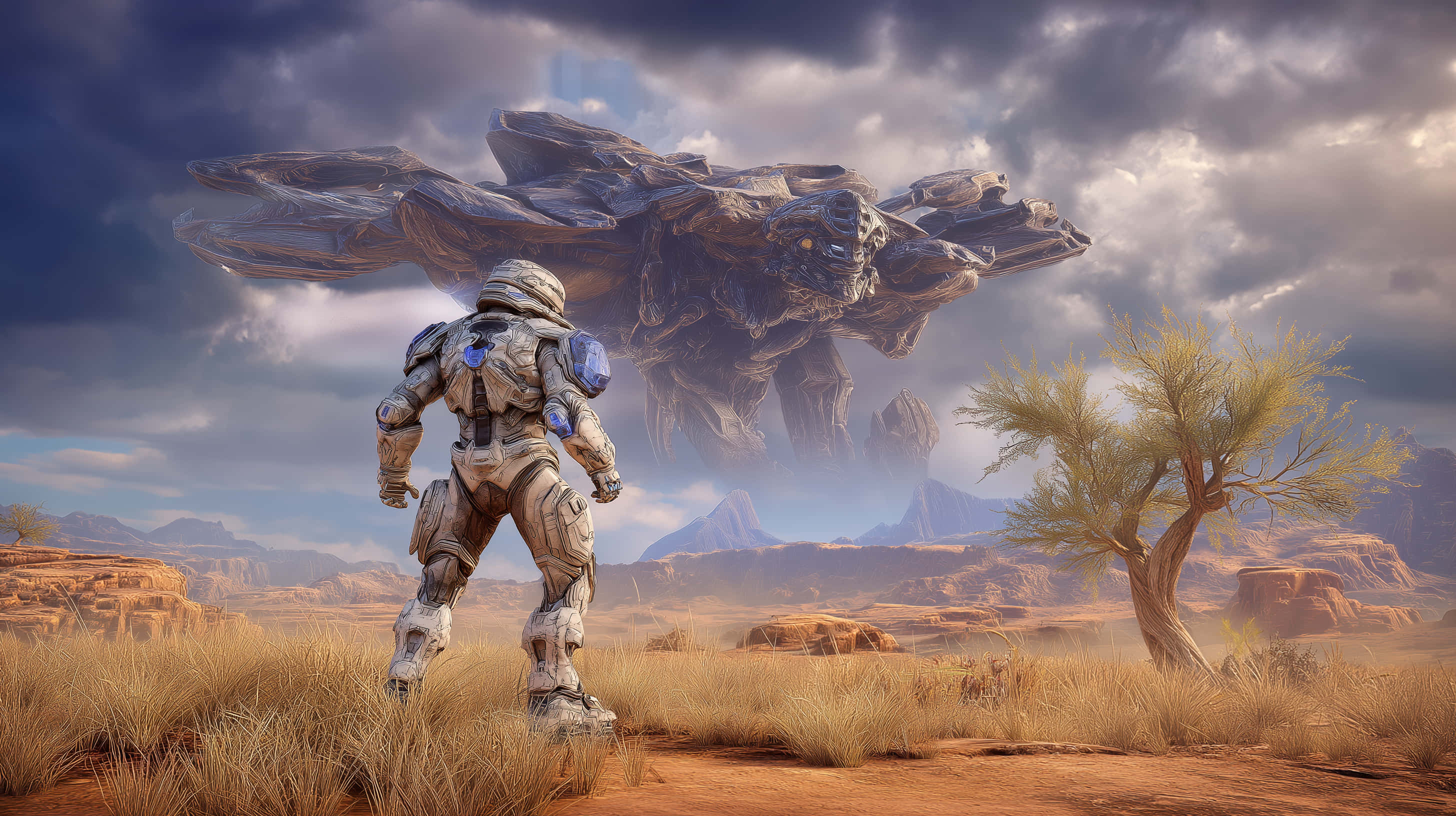 armored soldier, massive hovering alien spacecraft, barren desert, 2K Desktop Wallpaper