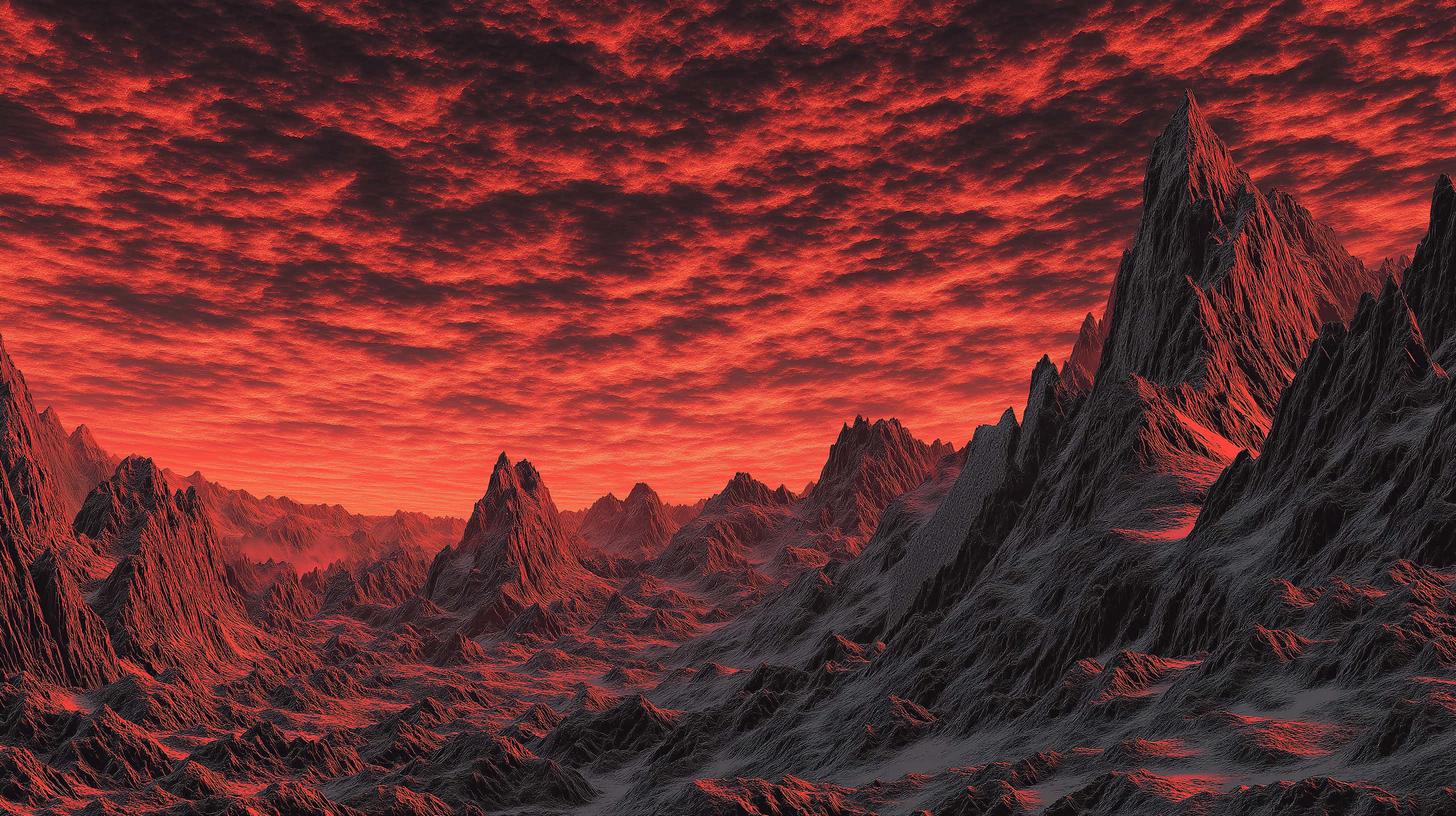 jagged mountains, fiery red sky, crimson sky, 2K Desktop Wallpaper