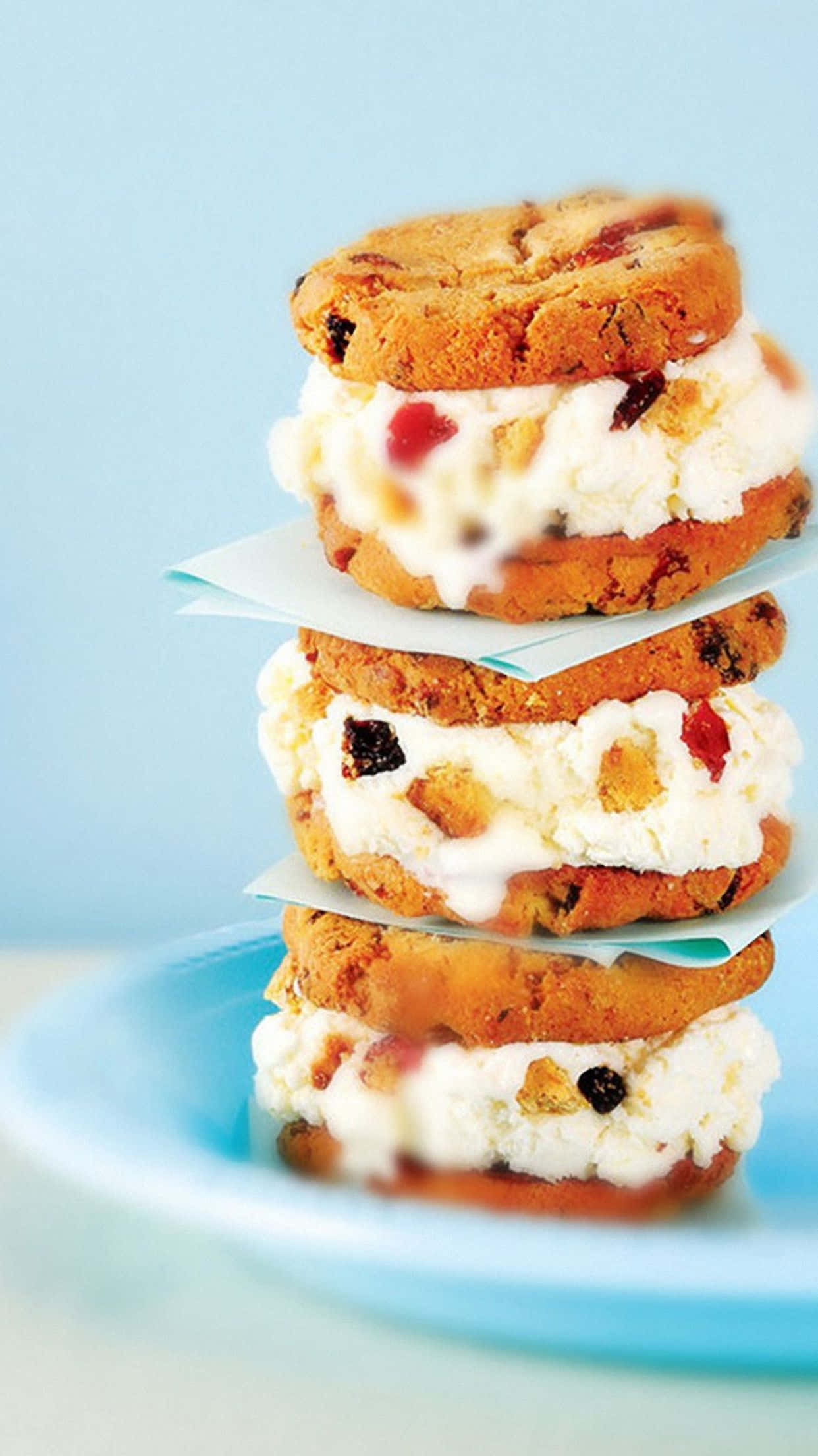 cookie sandwiches, creamy white ice cream, red fruit pieces, Full HD Phone Wallpaper