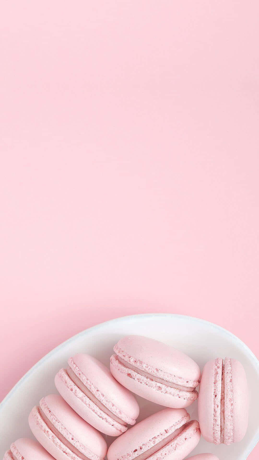 pink macarons, white plate, pastel pink background, Full HD Phone Wallpaper