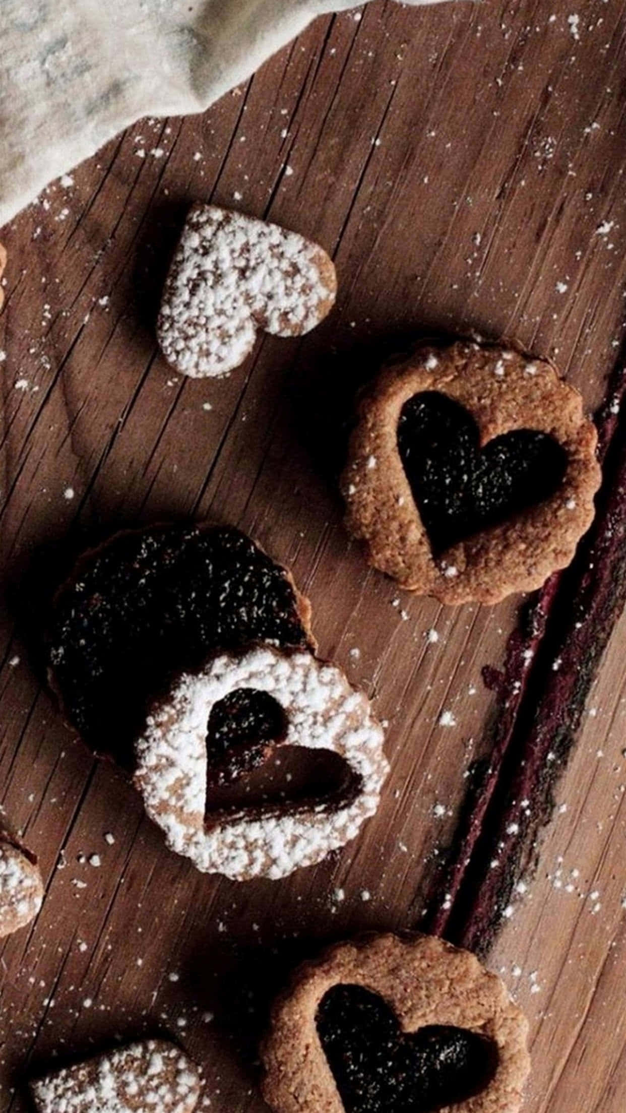 Dessert iPhone, heart-shaped linzer cookies, powdered sugar, Full HD Phone Wallpaper
