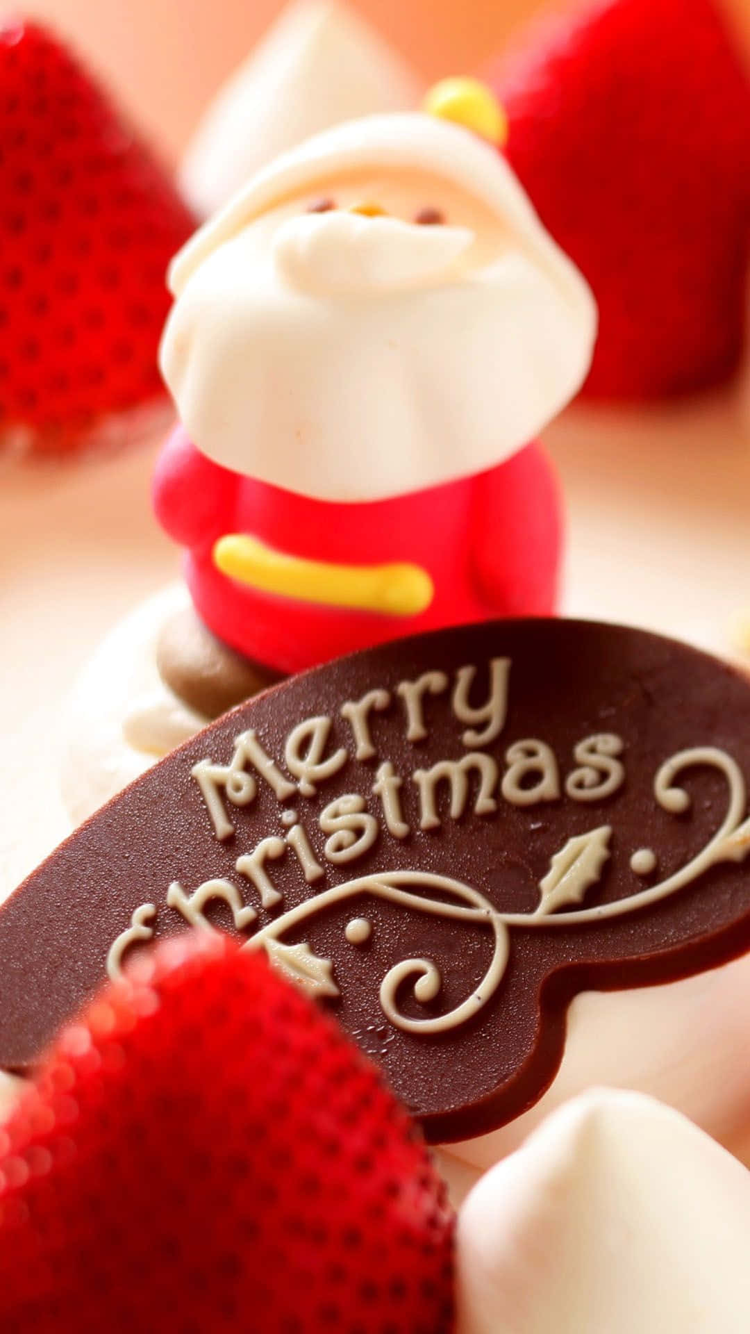 chocolate Santa figurine, Merry Christmas chocolate plaque, fresh strawberries, Full HD Phone Wallpaper