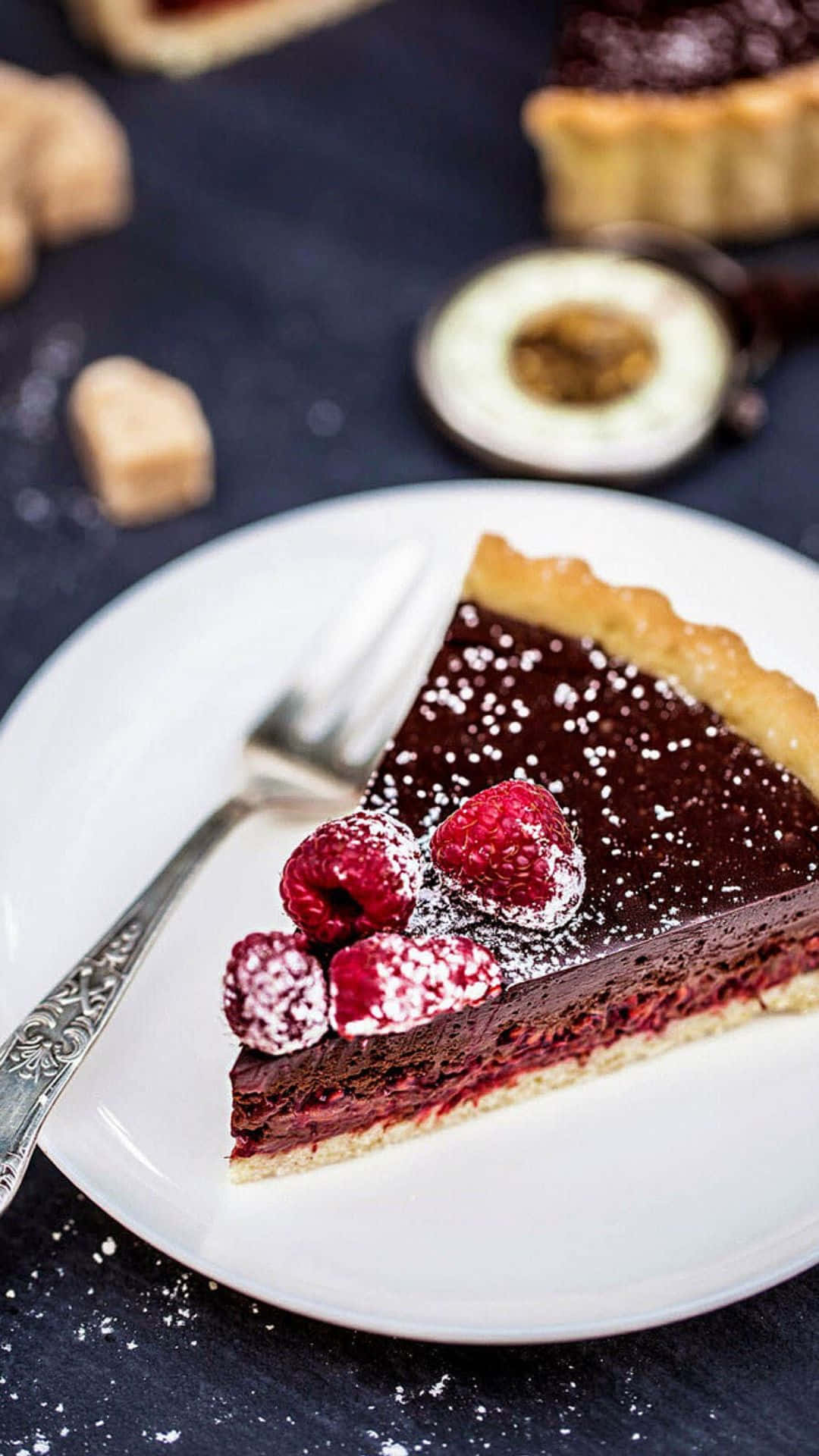 chocolate raspberry tart, powdered sugar, white plate, Full HD Phone Wallpaper