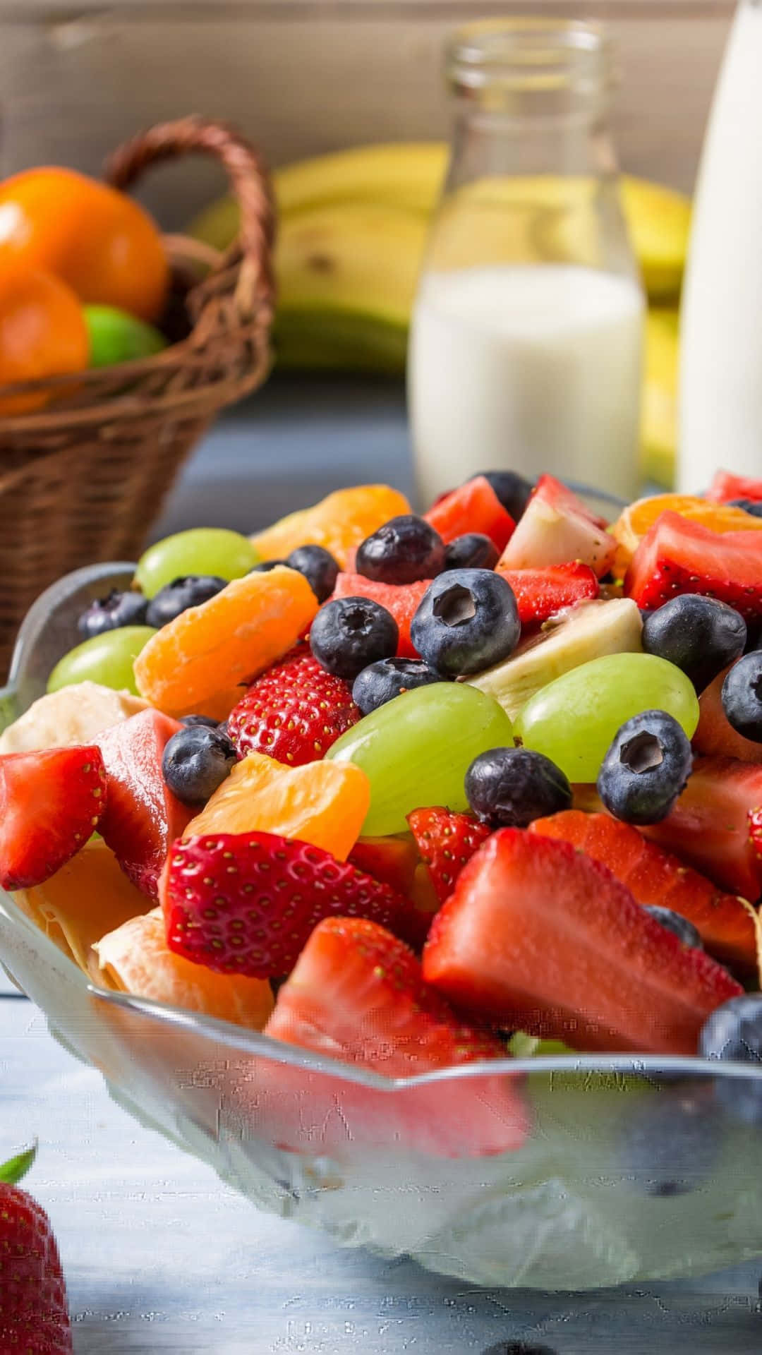 Dessert iPhone, vibrant glass bowl, strawberries, Full HD Phone Wallpaper