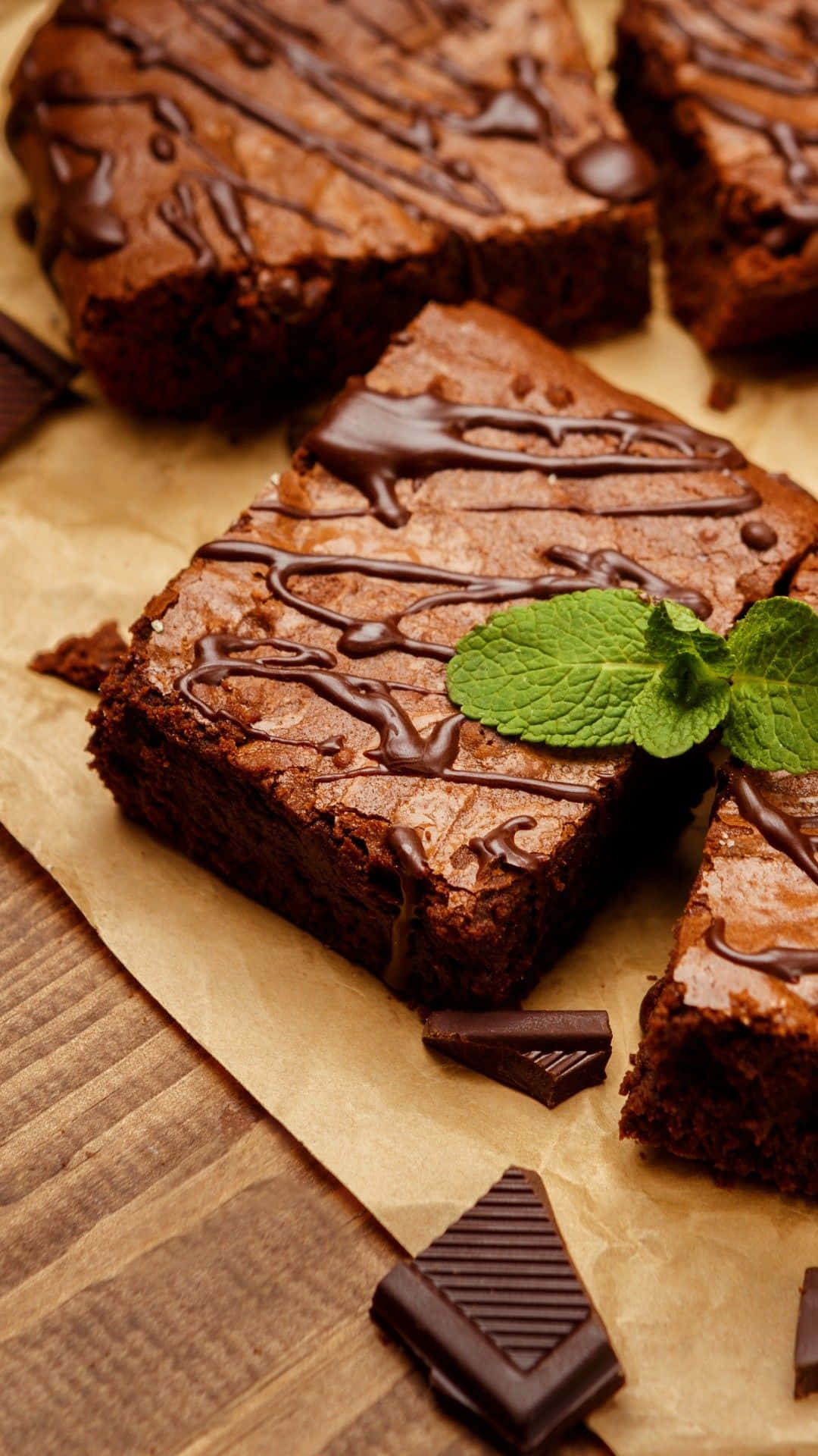 chocolate brownies, mint leaves, brown paper, Full HD Phone Wallpaper