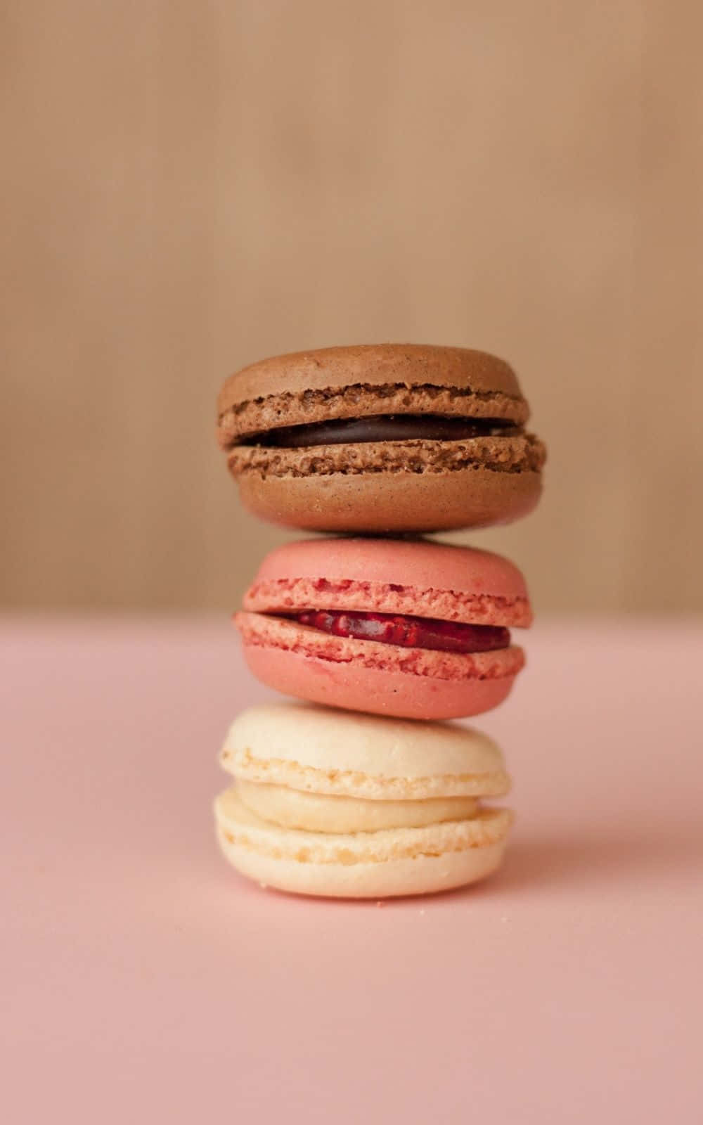 macarons, soft pink surface, warm beige background, HD Phone Wallpaper