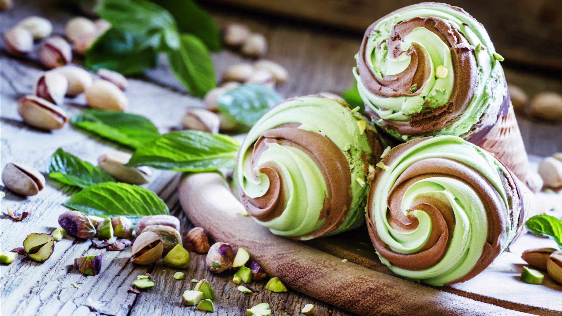 pistachio nuts ice cream, chocolate, wooden board, Full HD Desktop Wallpaper