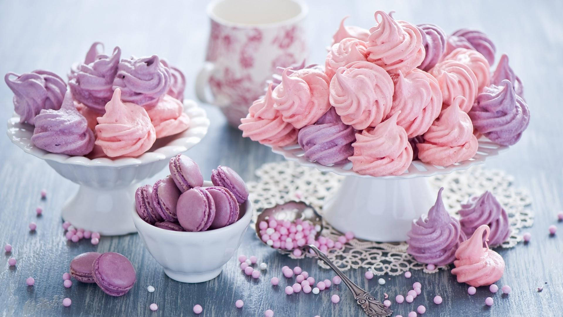 purple meringue, pink meringue, macarons, Full HD Desktop Wallpaper