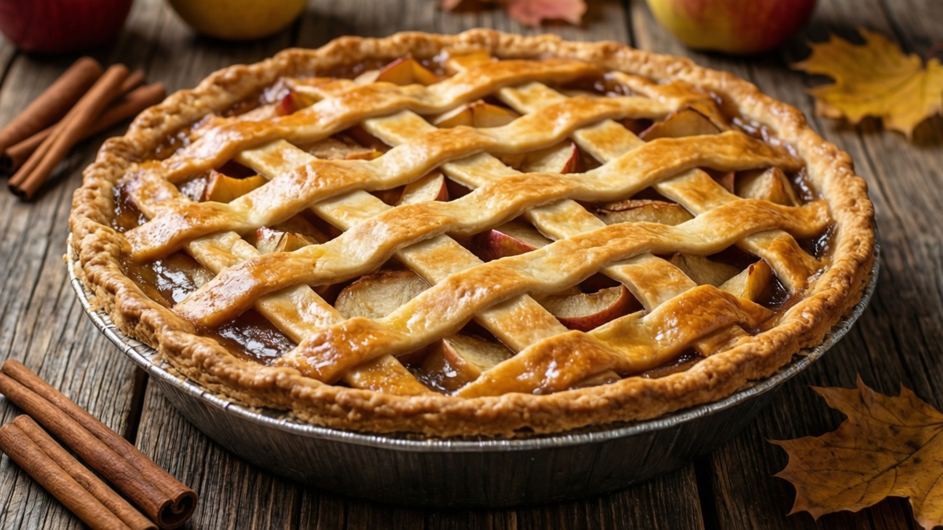 rustic apple pie, golden lattice-topped apple pie, metal tin, Full HD Desktop Wallpaper