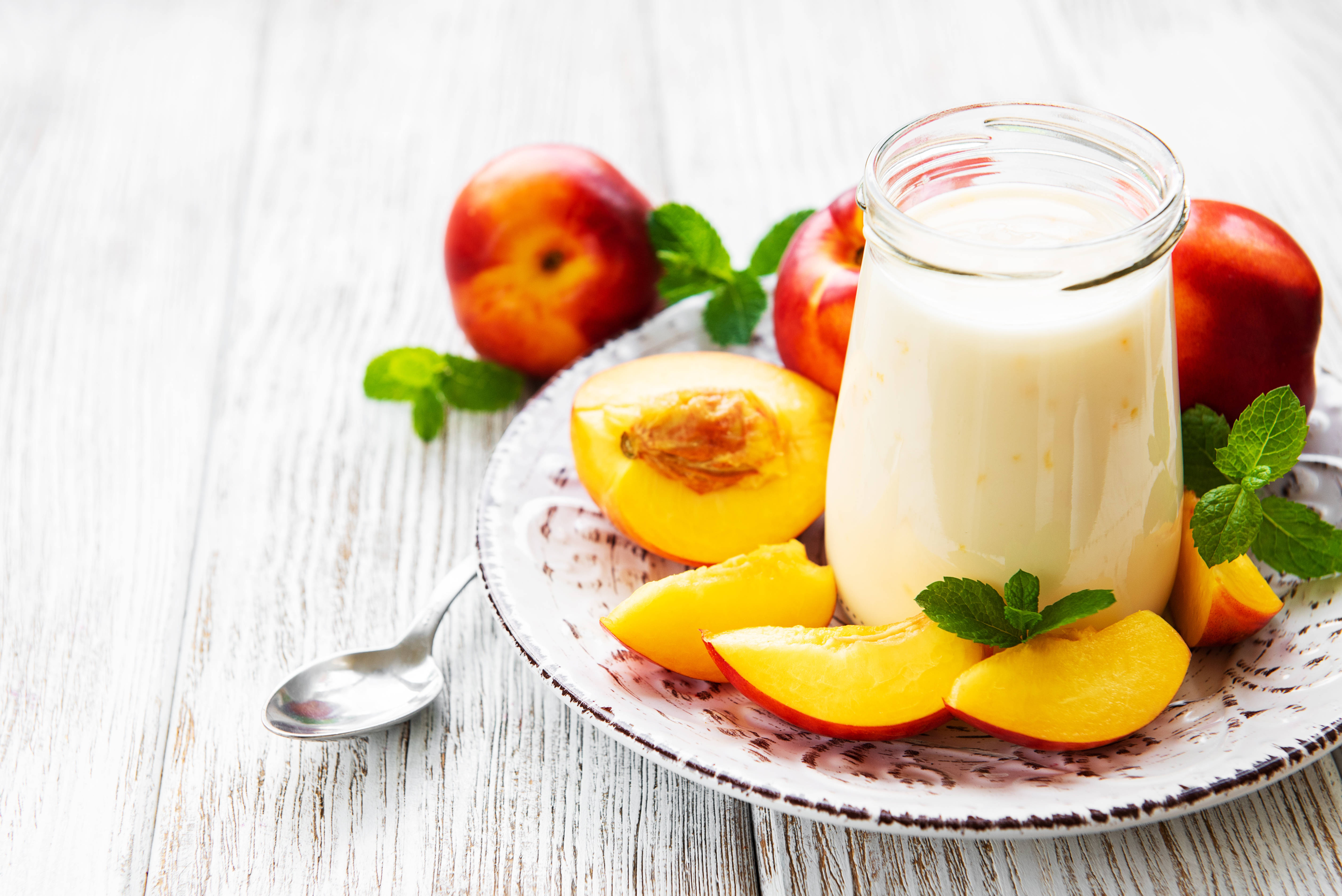 yogurt, peach, apples, 5K Desktop Wallpaper