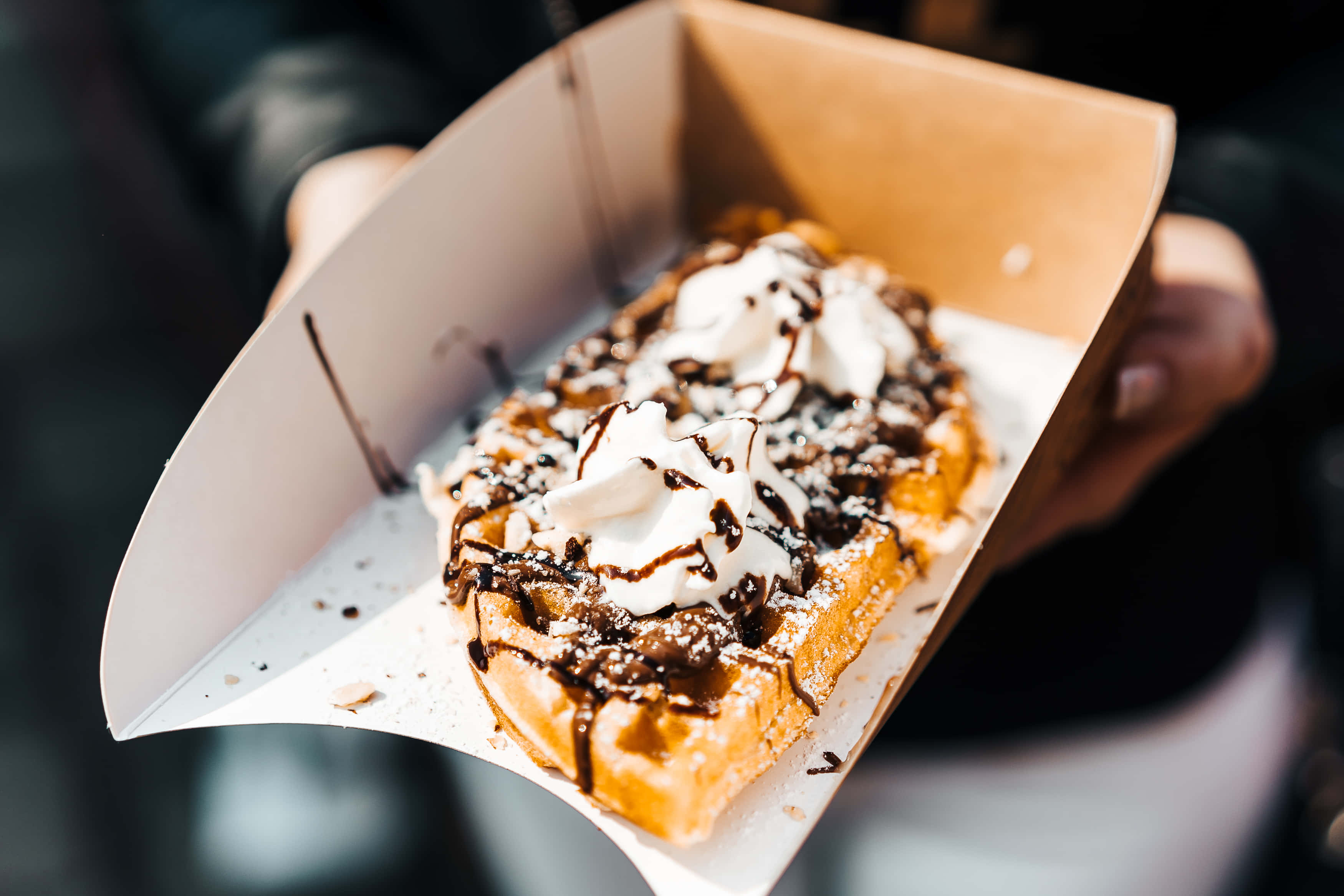 golden waffle, whipped cream, chocolate drizzle, 2K Desktop Wallpaper