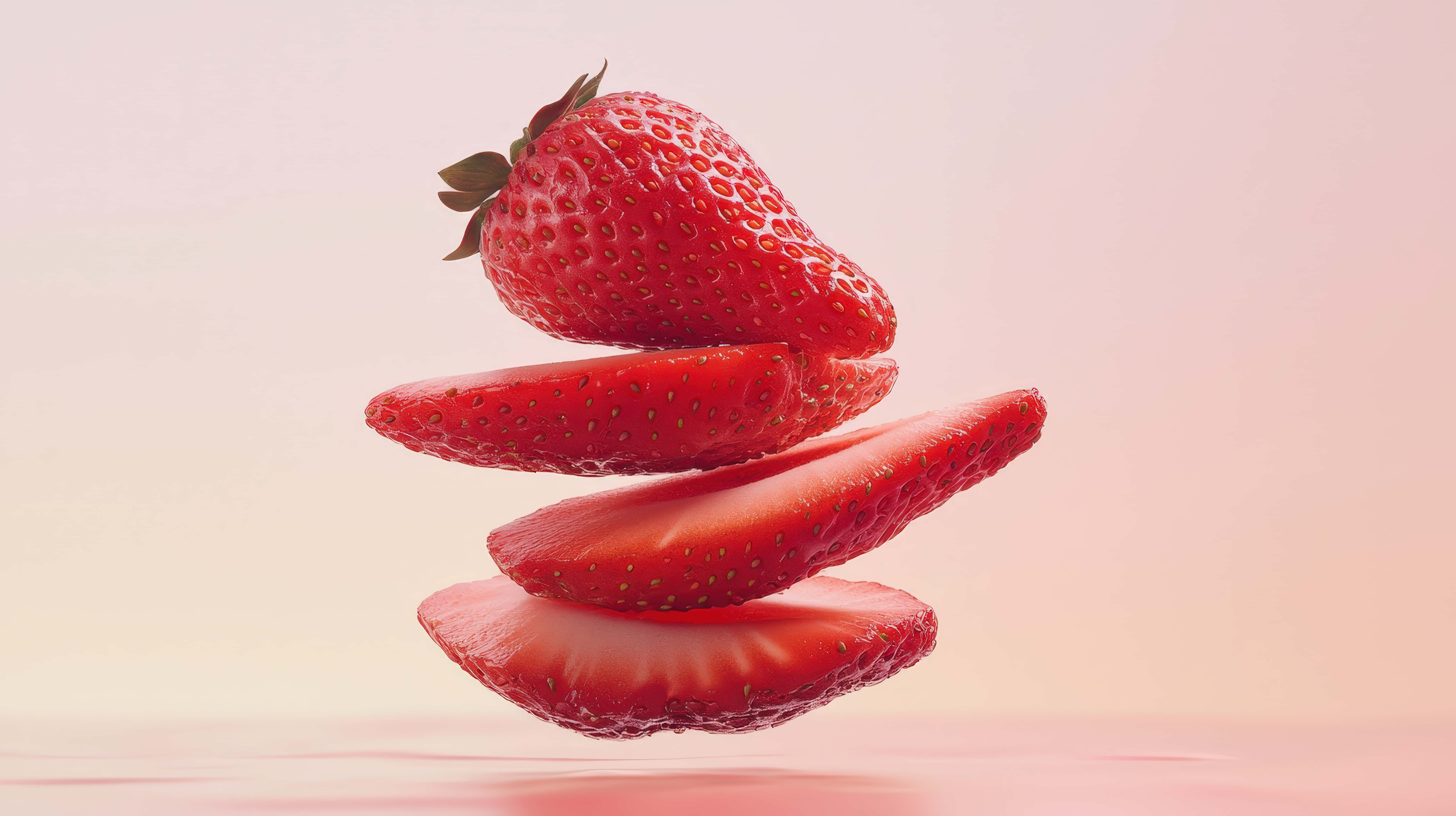 fresh floating sliced strawberry, pastel background, soft pink gradient background, 8K Desktop Wallpaper