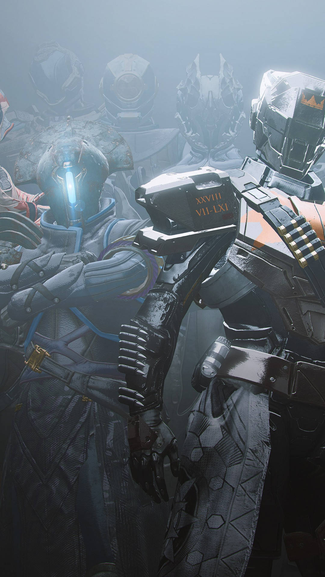 Destiny 2, futuristic armored warriors, glowing blue visors, Full HD Phone Wallpaper