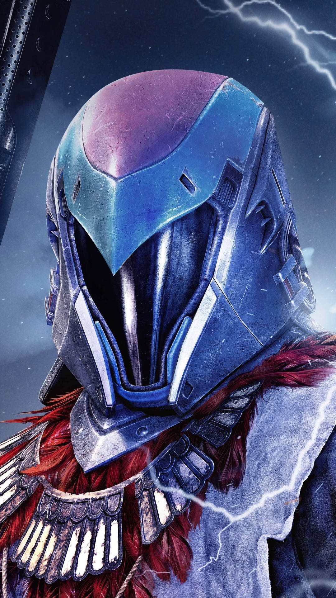Destiny 2, blue and purple helmet, red feathered armor, Full HD Phone Wallpaper