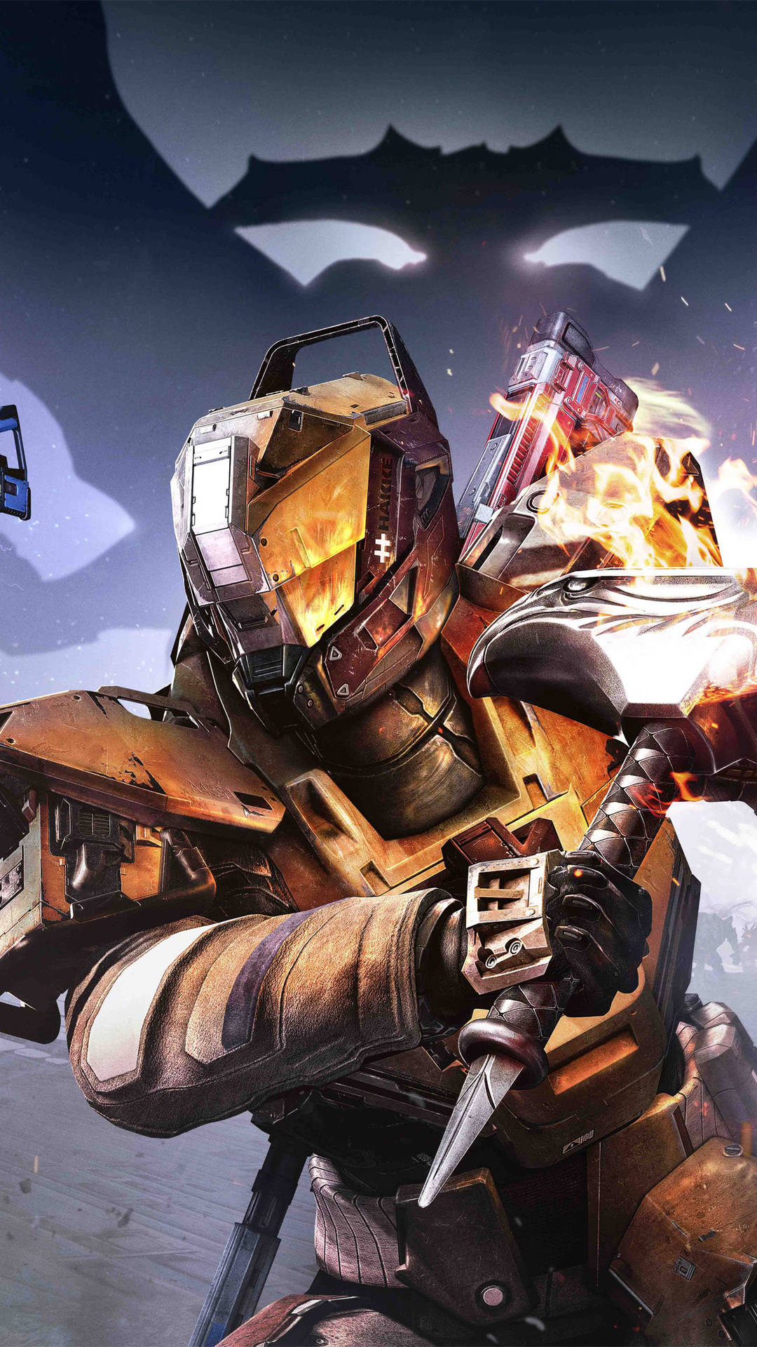 Destiny 2, golden and brown armor, flaming weapon, Full HD Phone Wallpaper