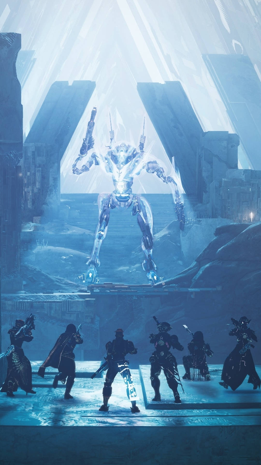 Destiny 2, futuristic robot, silhouetted warriors, Full HD Phone Wallpaper