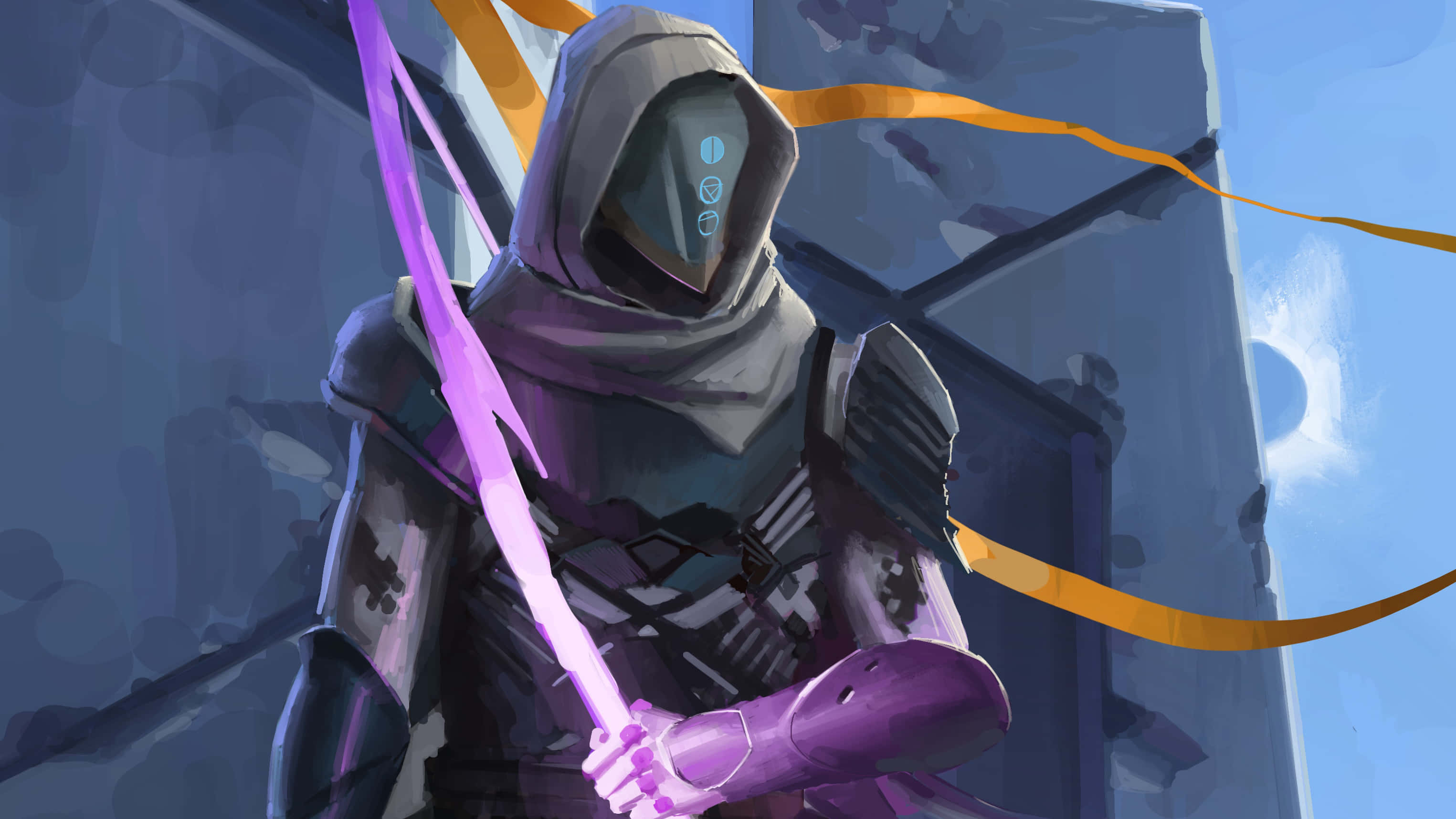 Destiny 2 Hunter, purple armor, glowing sword, 2K Desktop Wallpaper