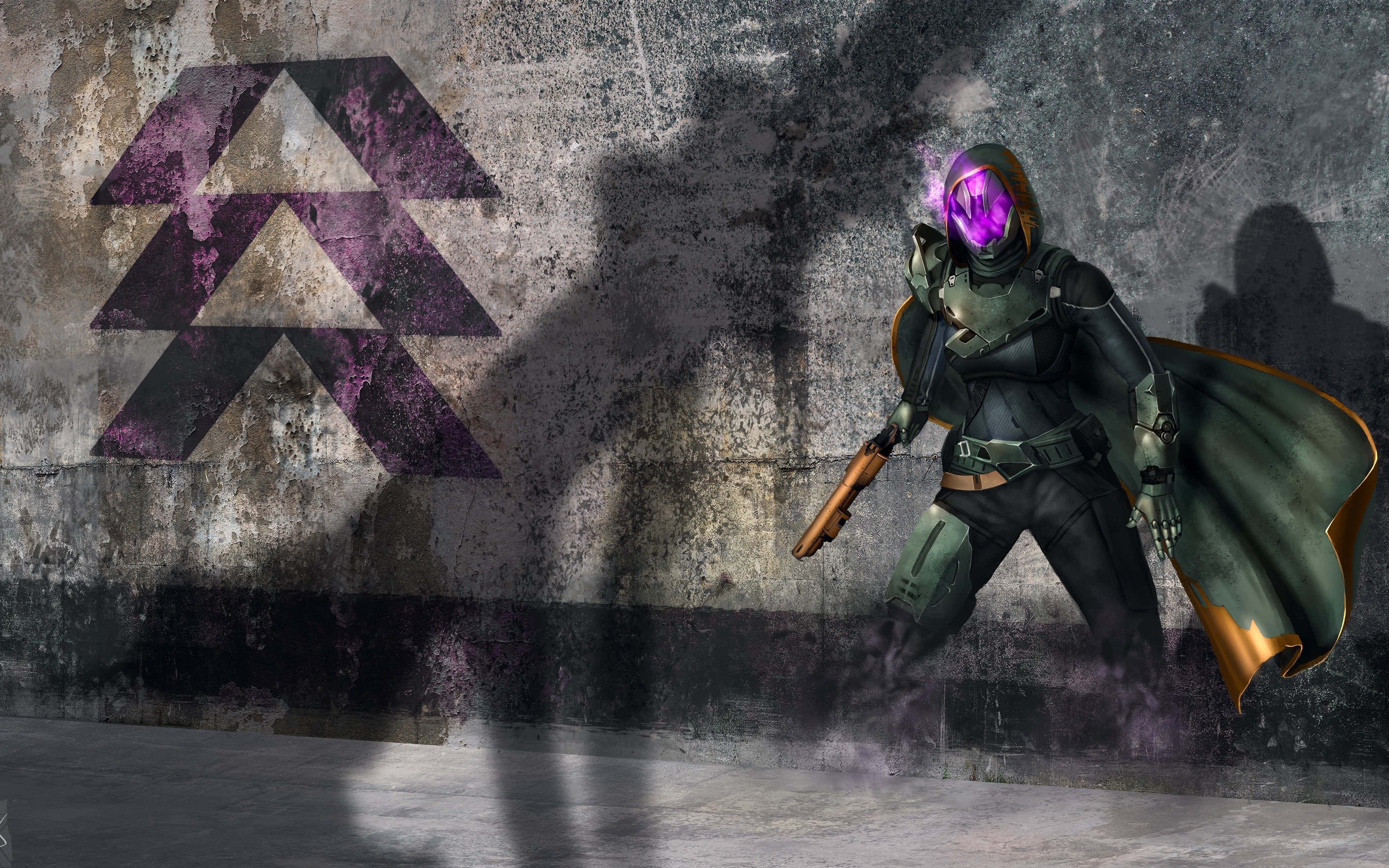 Destiny 2 Hunter, purple cape, glowing purple visor, 4K Desktop Wallpaper