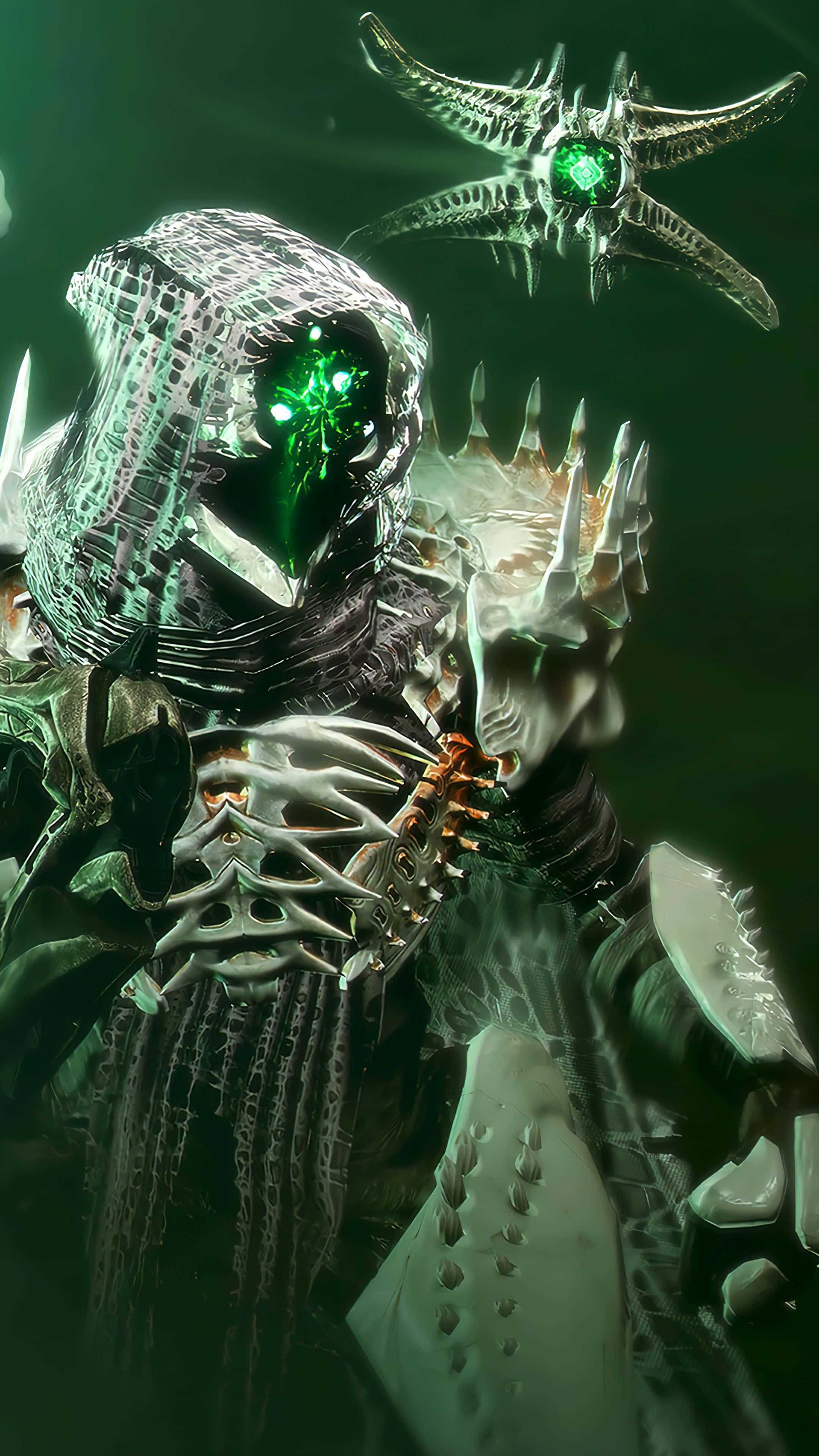 Destiny 2 Hunter, glowing green eyes, floating spiky creature, 4K Phone Wallpaper