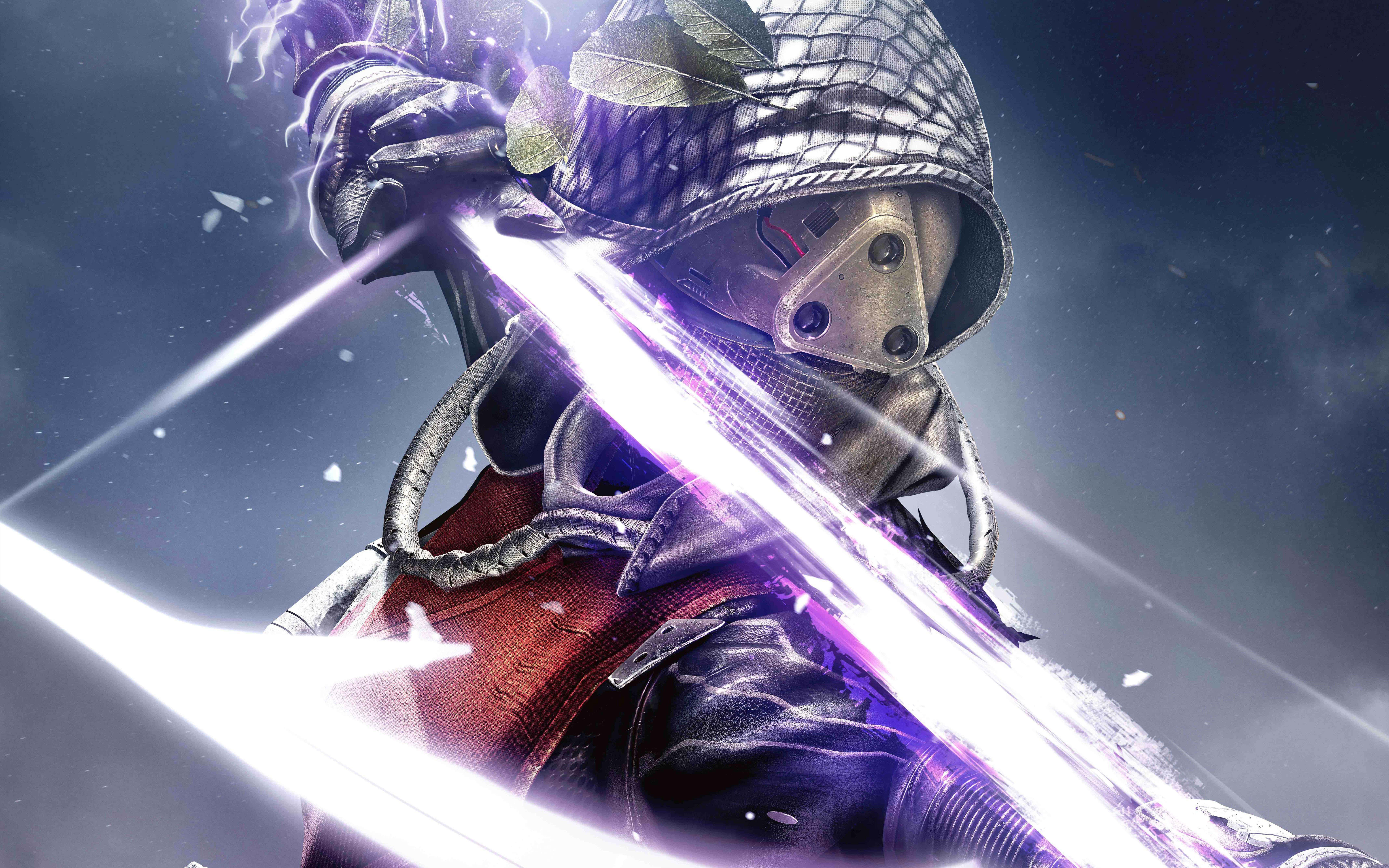 Destiny 2 Hunter, glowing purple energy sword, dark starry sky, 8K Desktop Wallpaper