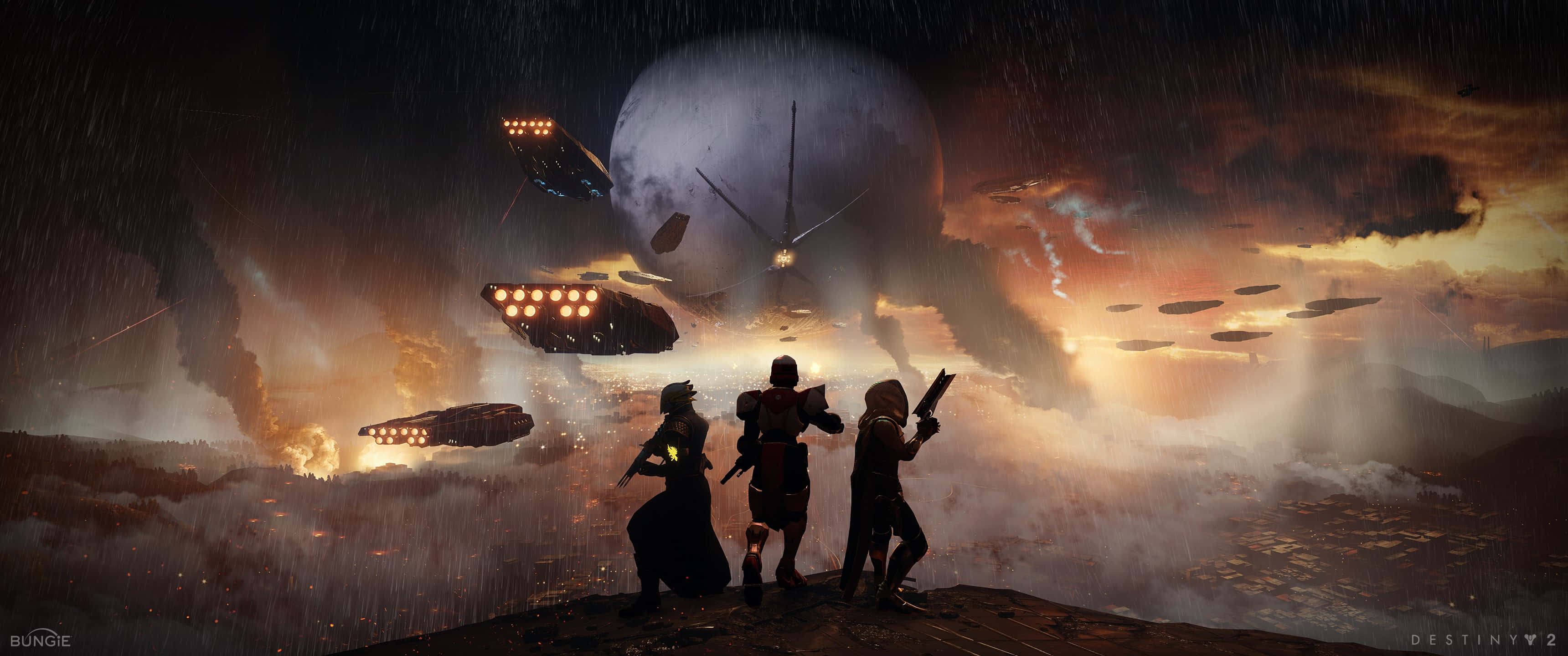 Destiny 2 Hunter, cliff, glowing spacecraft, 2K Desktop Wallpaper