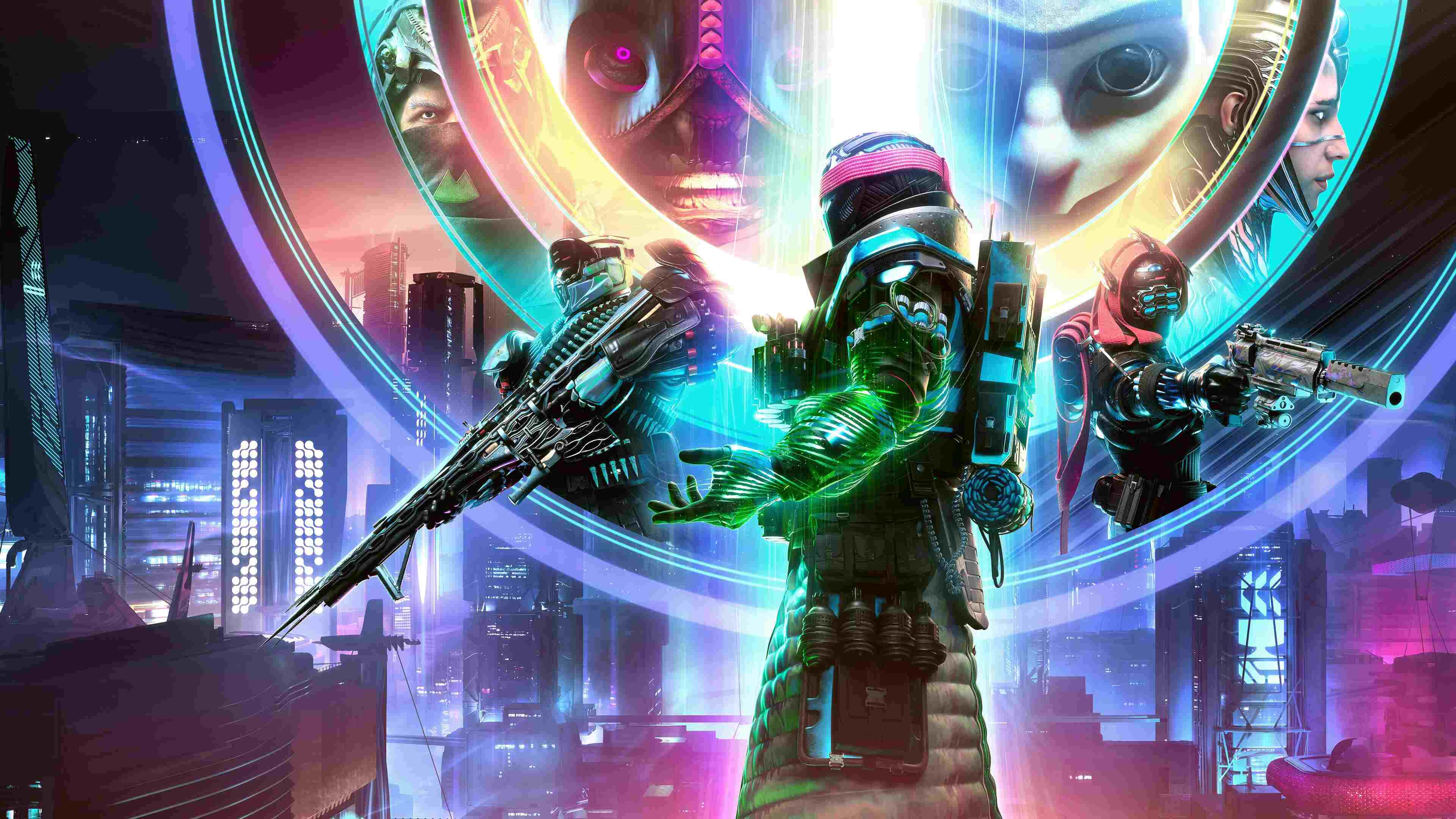 Destiny 2 Lightfall, neon-drenched cyberpunk cityscape, three armed soldiers in futuristic armor, 4K Desktop Wallpaper