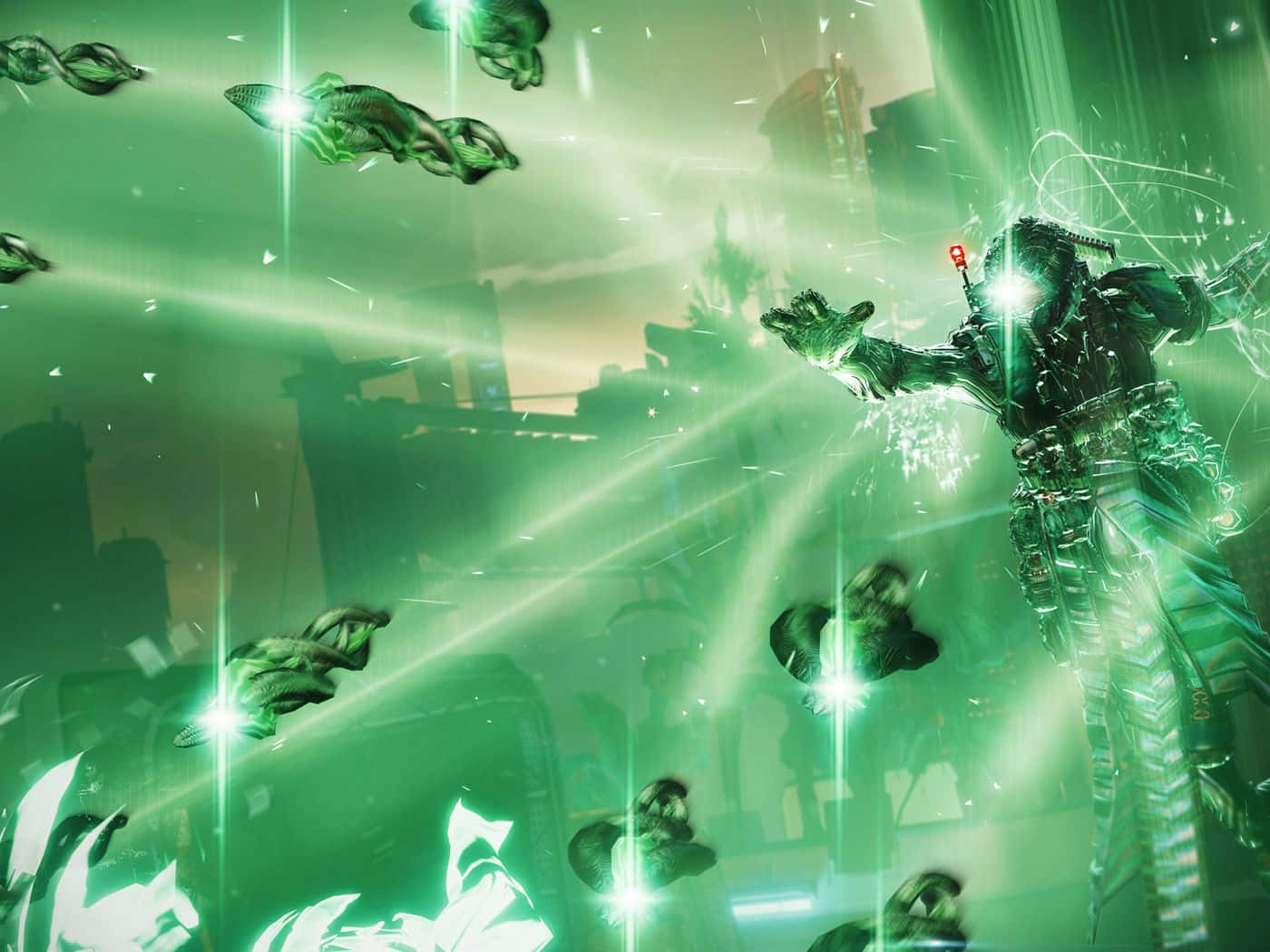 Destiny 2 Lightfall, green armor, glowing energy beams, HD Desktop Wallpaper