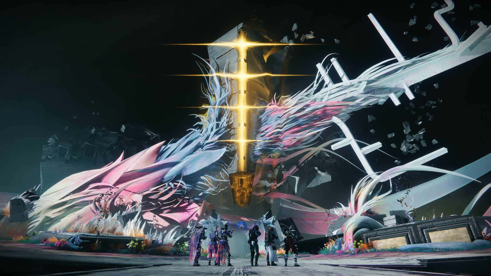 Destiny 2 Lightfall, shattered golden sword, pink and white crystalline dragon head, Full HD Desktop Wallpaper