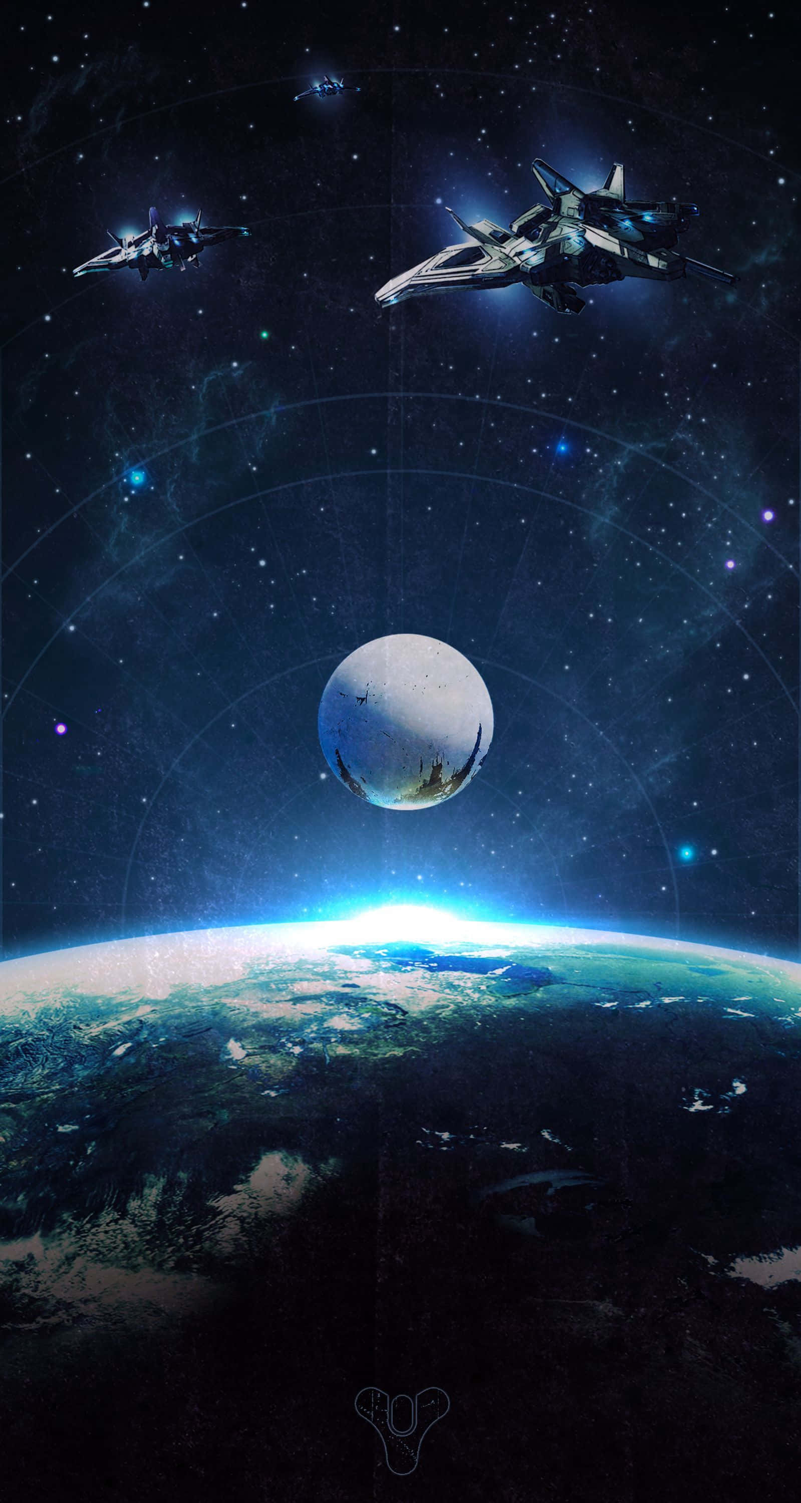 Destiny 2, spaceships, glowing blue planet, 2K Phone Wallpaper