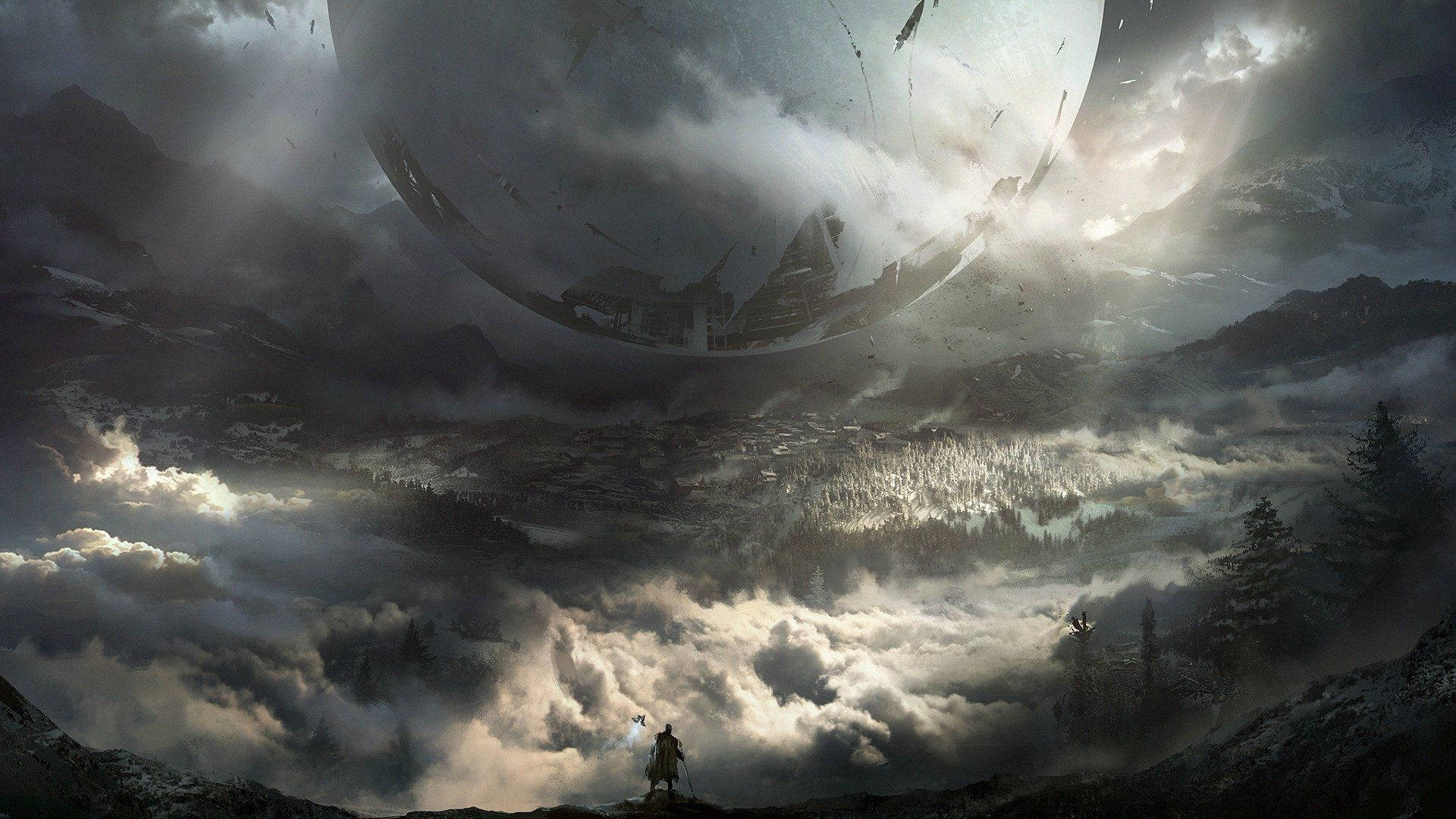 Destiny 2 Shadowkeep, snowy mountain peak, colossal broken sphere, Full HD Desktop Wallpaper