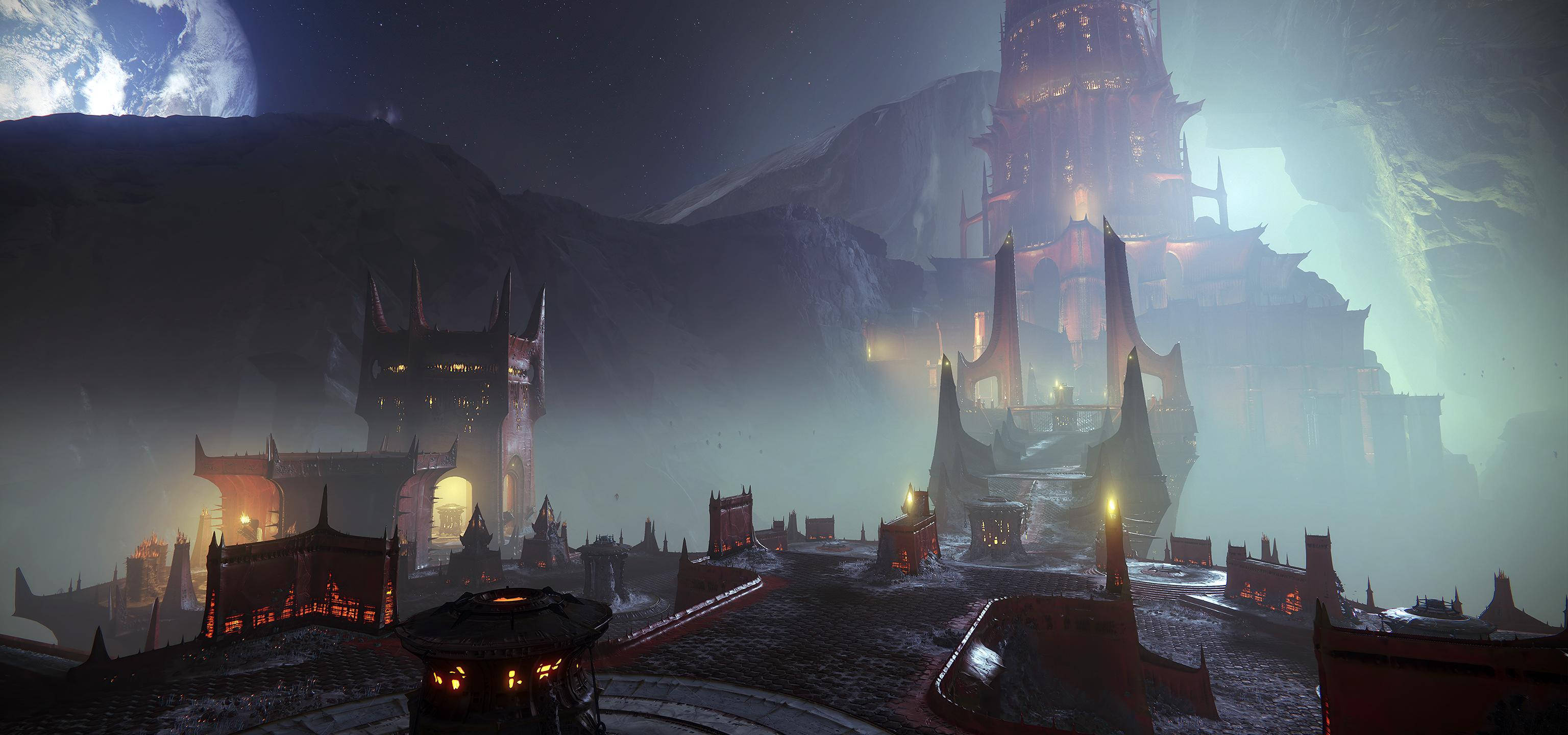 Destiny 2 Shadowkeep, red castle, glowing red architecture, 2K Desktop Wallpaper
