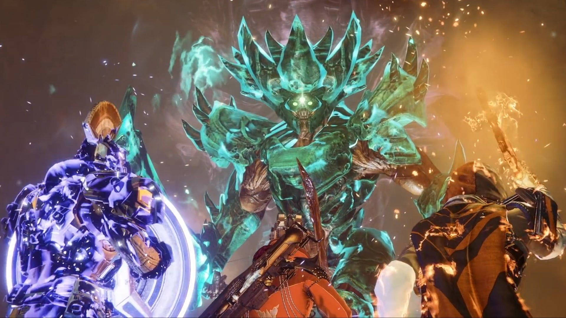 Destiny 2 Shadowkeep, towering glowing teal crystalline monster, armored warriors, Full HD Desktop Wallpaper