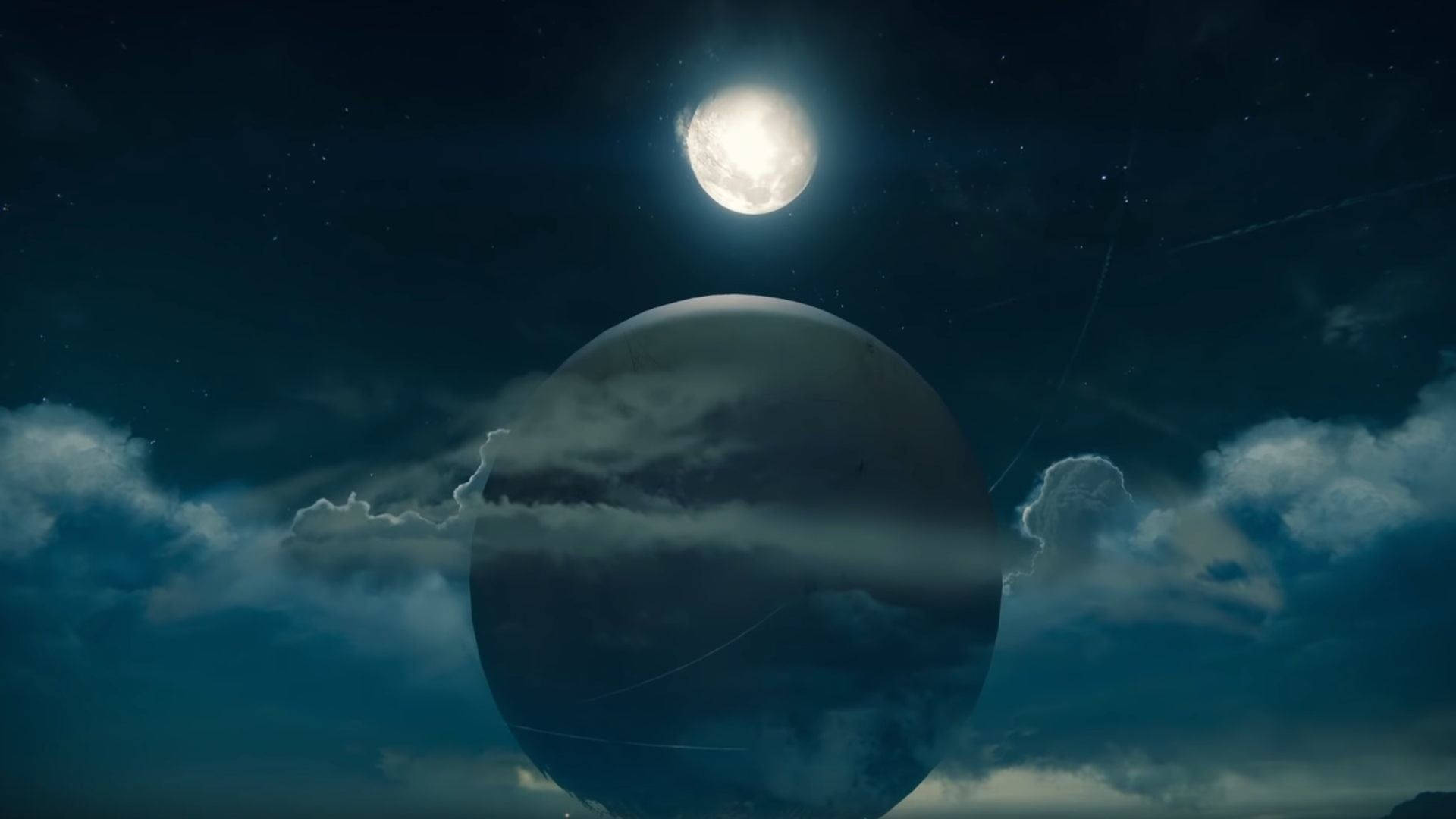 Destiny 2 Shadowkeep, luminous full moon, massive dark planet, Full HD Desktop Wallpaper