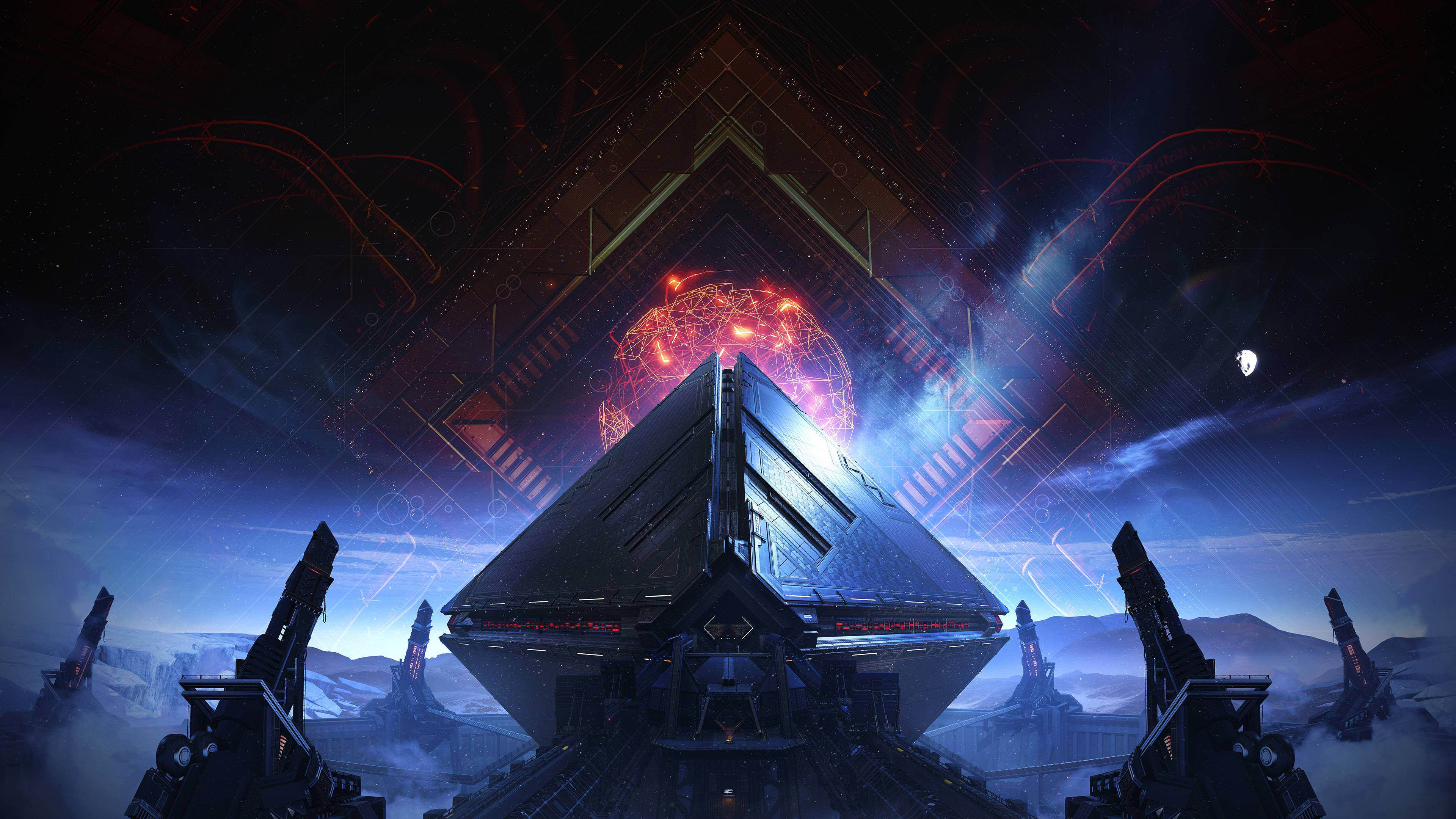 Destiny 2 Shadowkeep, futuristic pyramid-shaped spaceship, snowy alien landscape, 4K Desktop Wallpaper