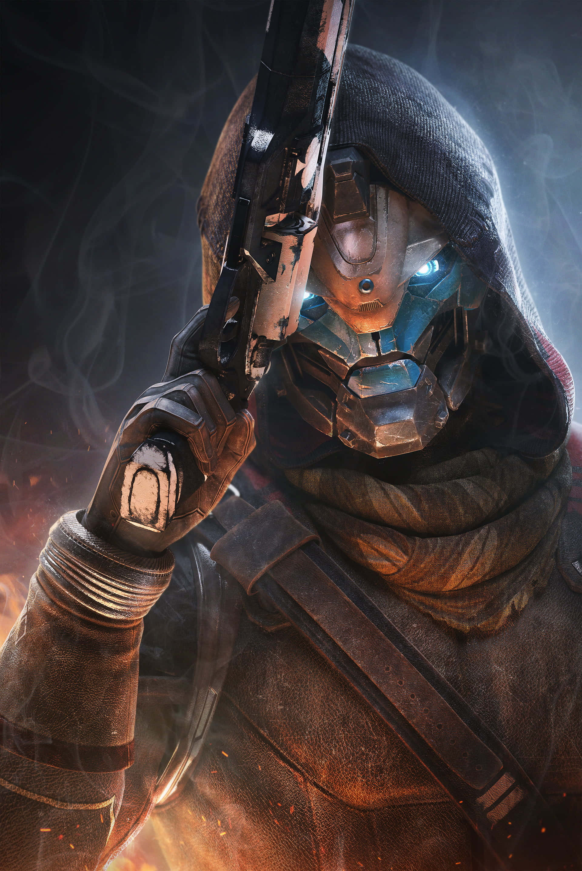 Destiny 2, cybernetic warrior, glowing blue eyes, 2K Phone Wallpaper
