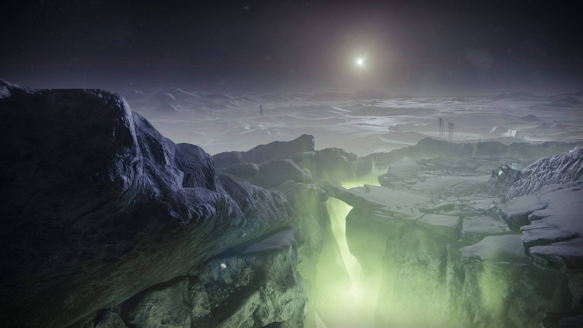 Destiny 2 Shadowkeep, glowing green fissure, snow-covered alien canyon, Full HD Desktop Wallpaper