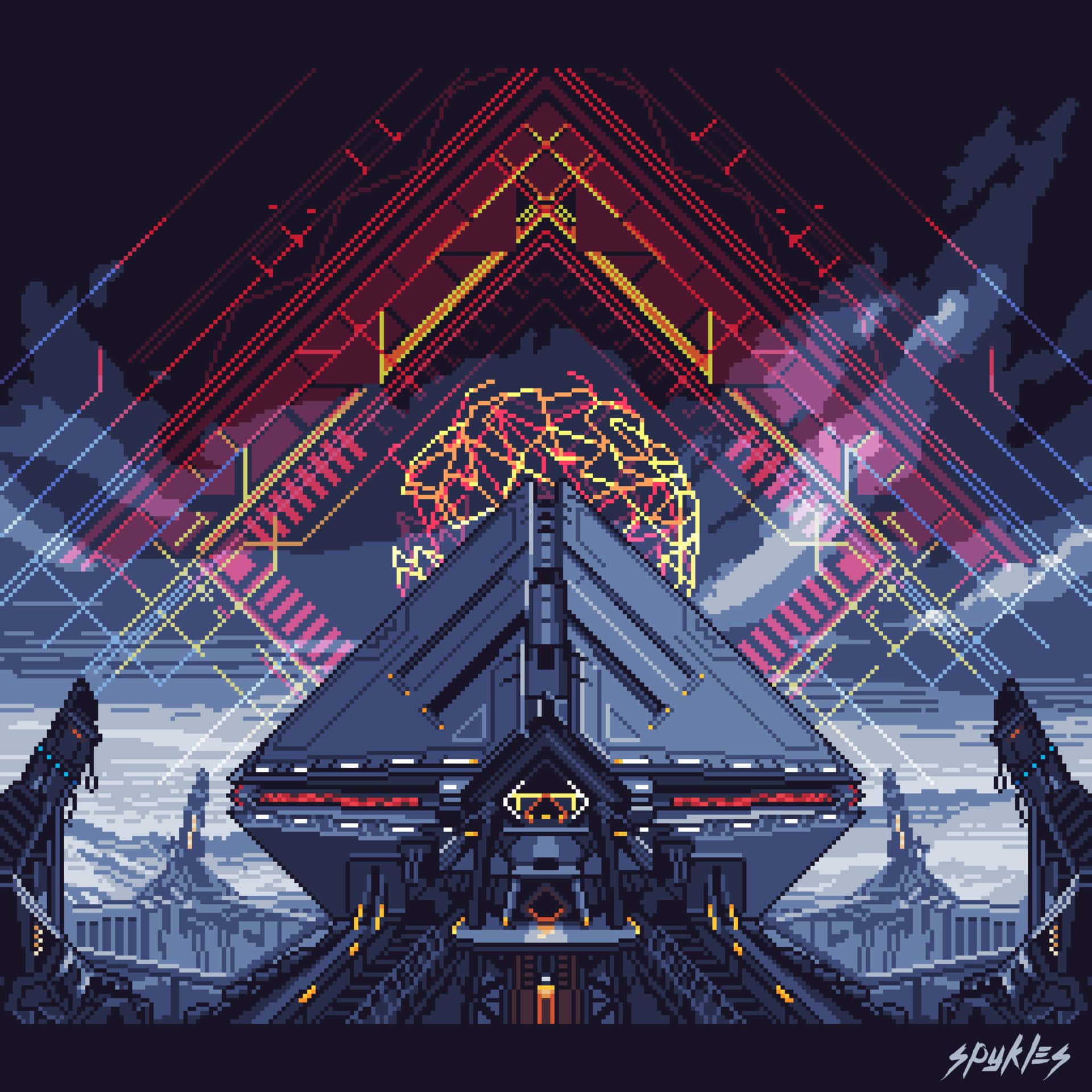 Destiny 2, pixel-art spaceship, glowing red and yellow accents, Full HD Desktop Wallpaper
