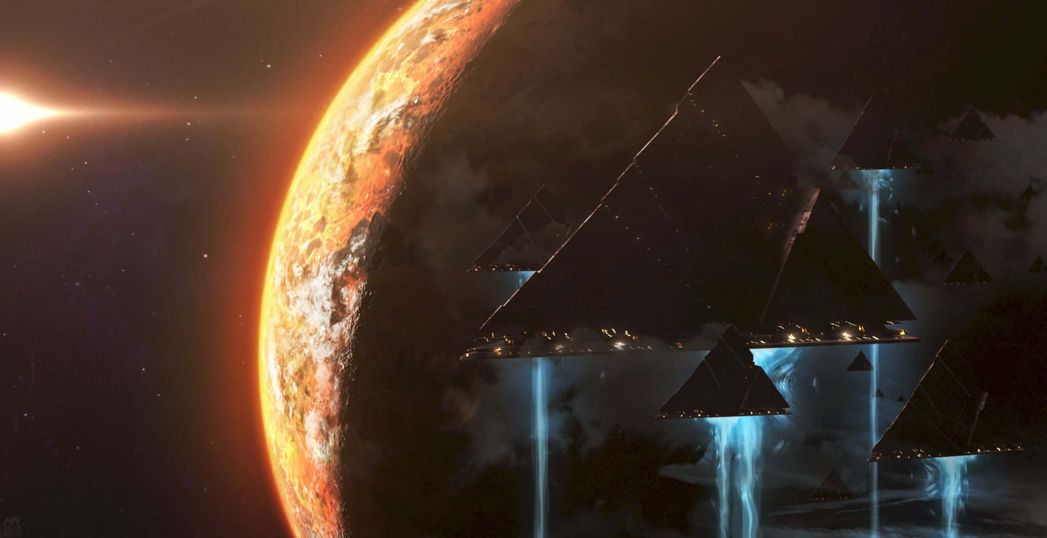 Destiny 2, pyramid ships, blue light, Full HD Desktop Wallpaper