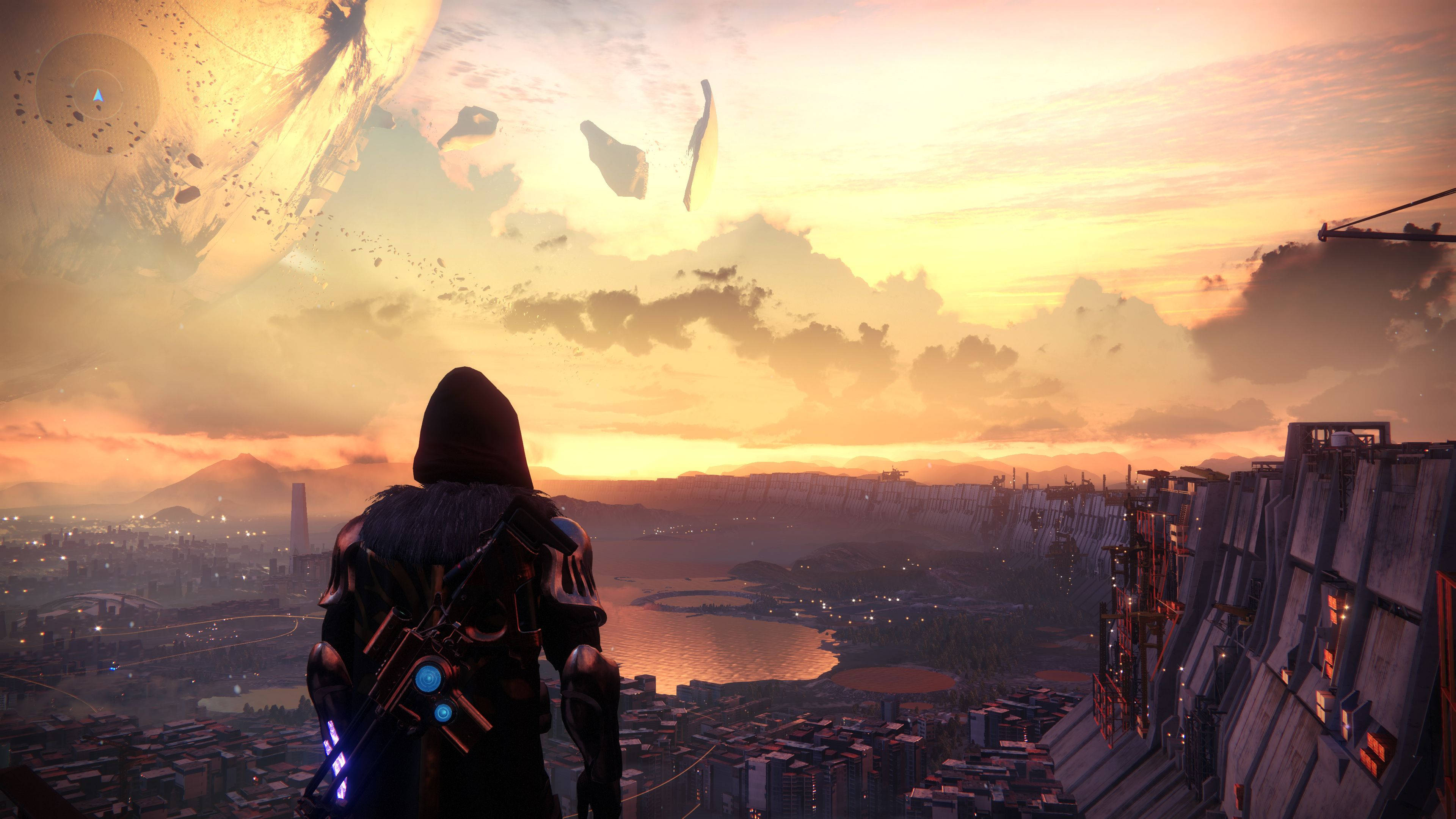 Destiny 2, cloaked warrior, futuristic city, 4K Desktop Wallpaper