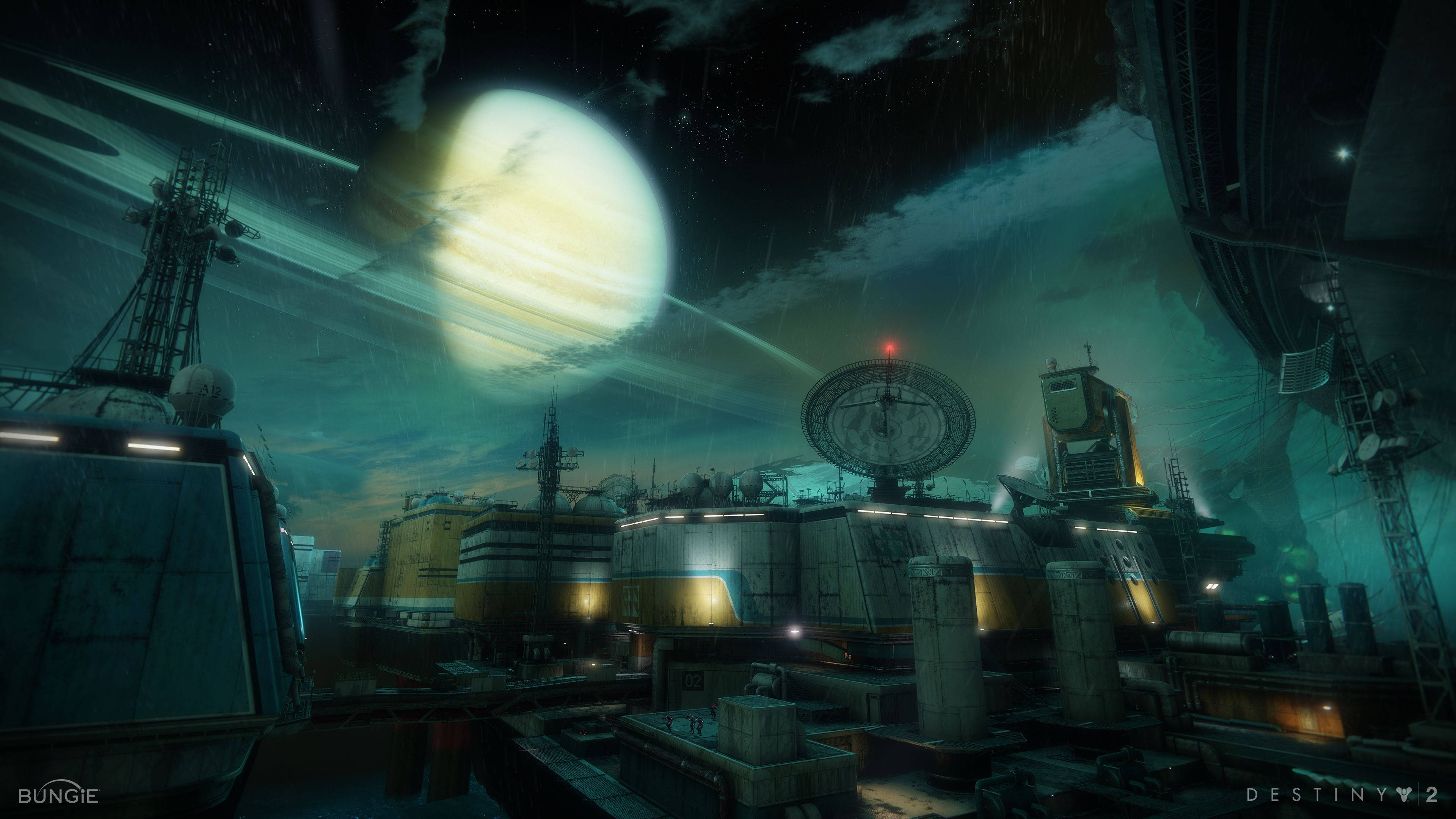 Destiny 4K, satellite machinery, rainy futuristic cityscape, 4K Desktop Wallpaper
