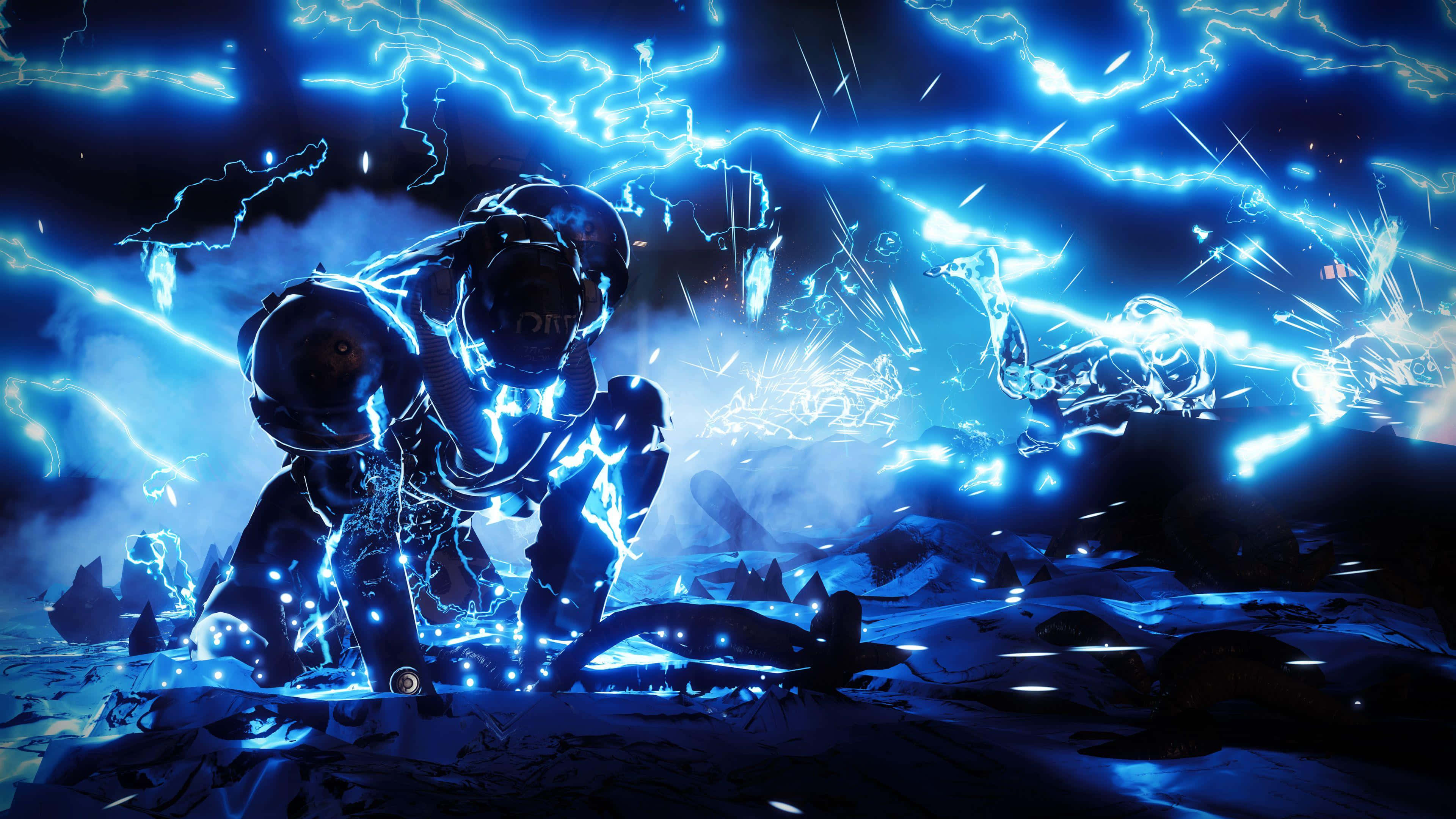 Destiny 2, futuristic warrior, glowing blue armor, 4K Desktop Wallpaper