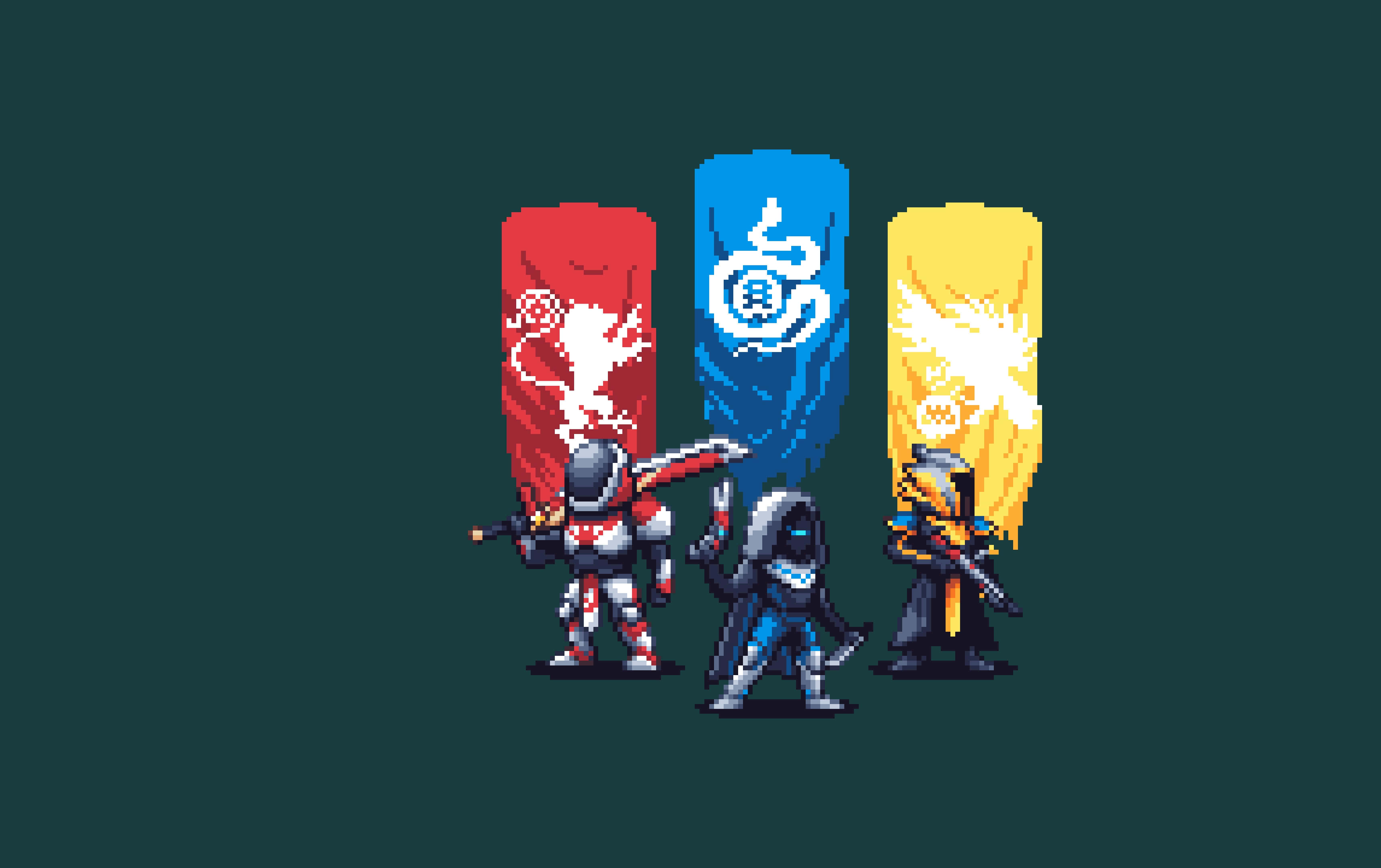 Destiny Characters, pixel-art warriors, dragon serpent, 2K Desktop Wallpaper