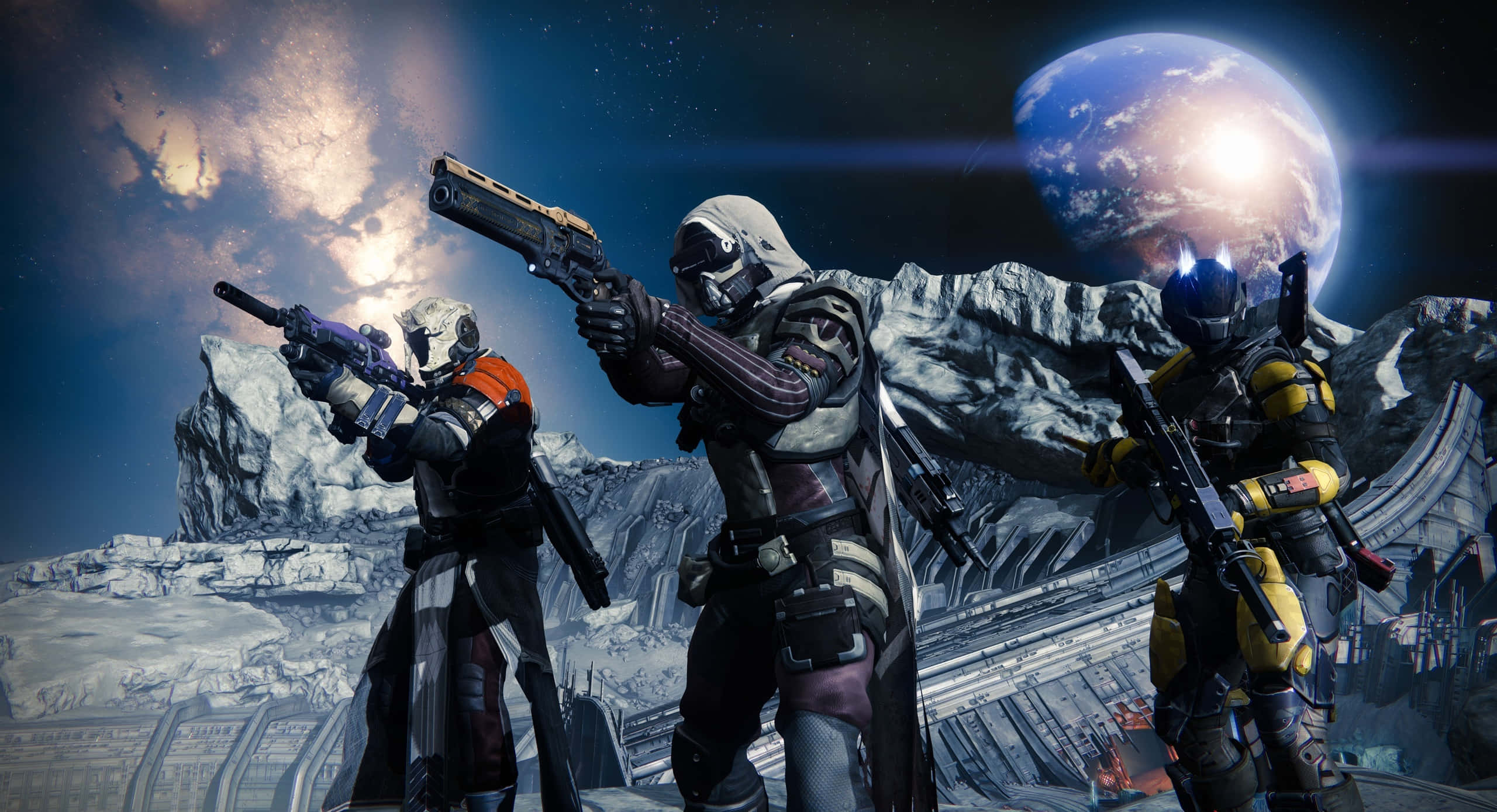 Destiny Characters, space soldiers, snowy alien planet, 2K Desktop Wallpaper