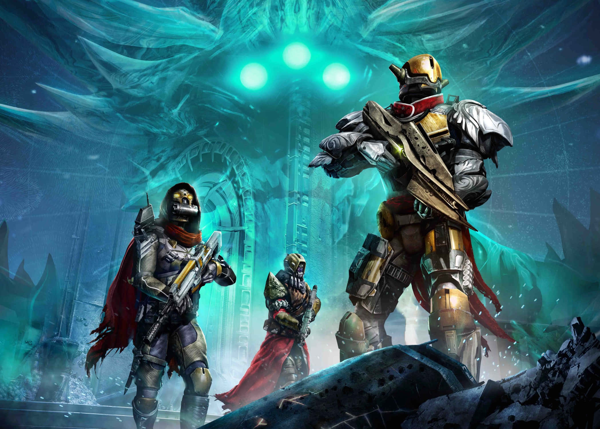 Destiny Characters, futuristic gear, glowing alien ruin, Full HD Desktop Wallpaper