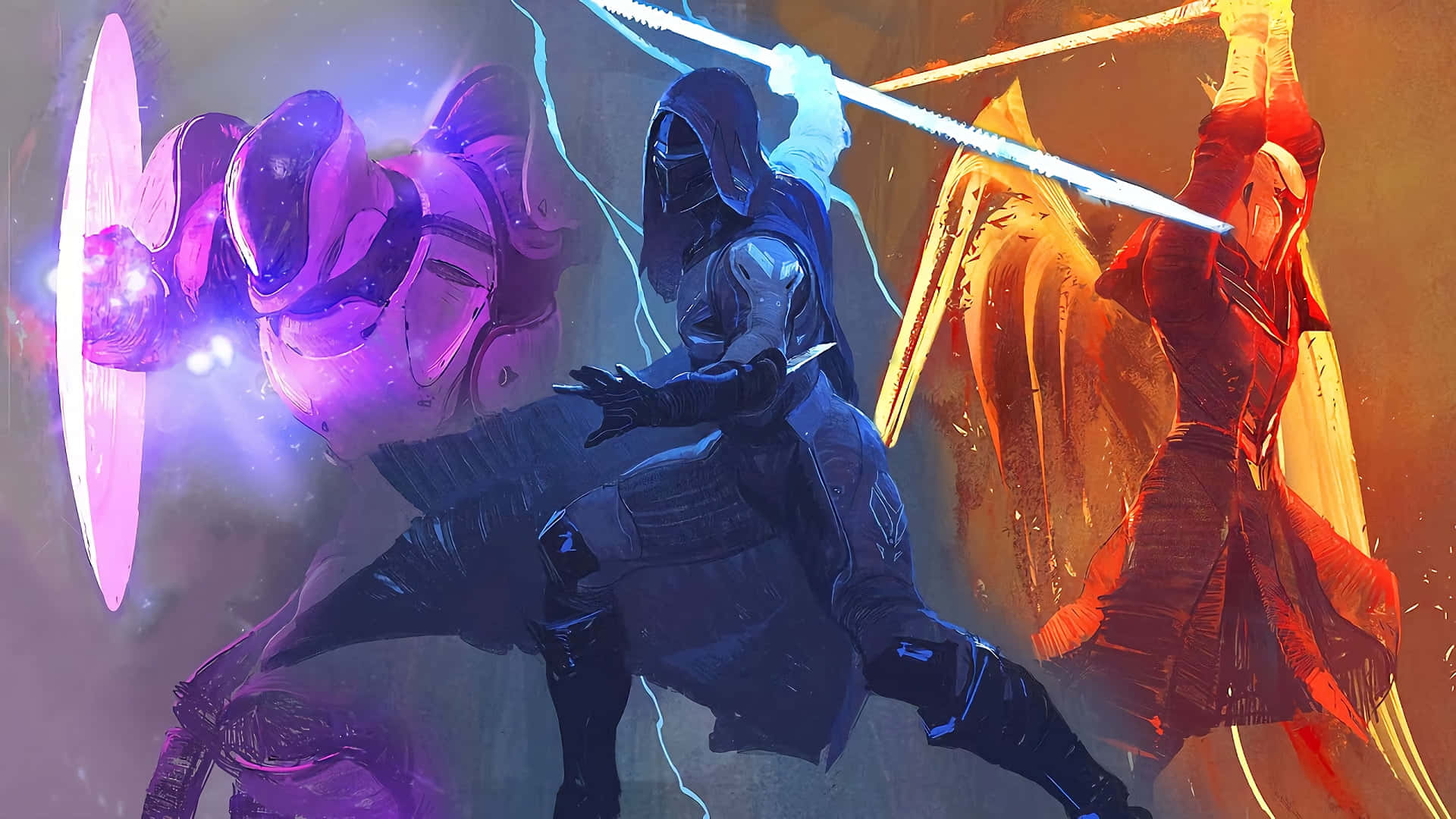 Destiny Characters, armored warriors, glowing weapons, Full HD Desktop Wallpaper